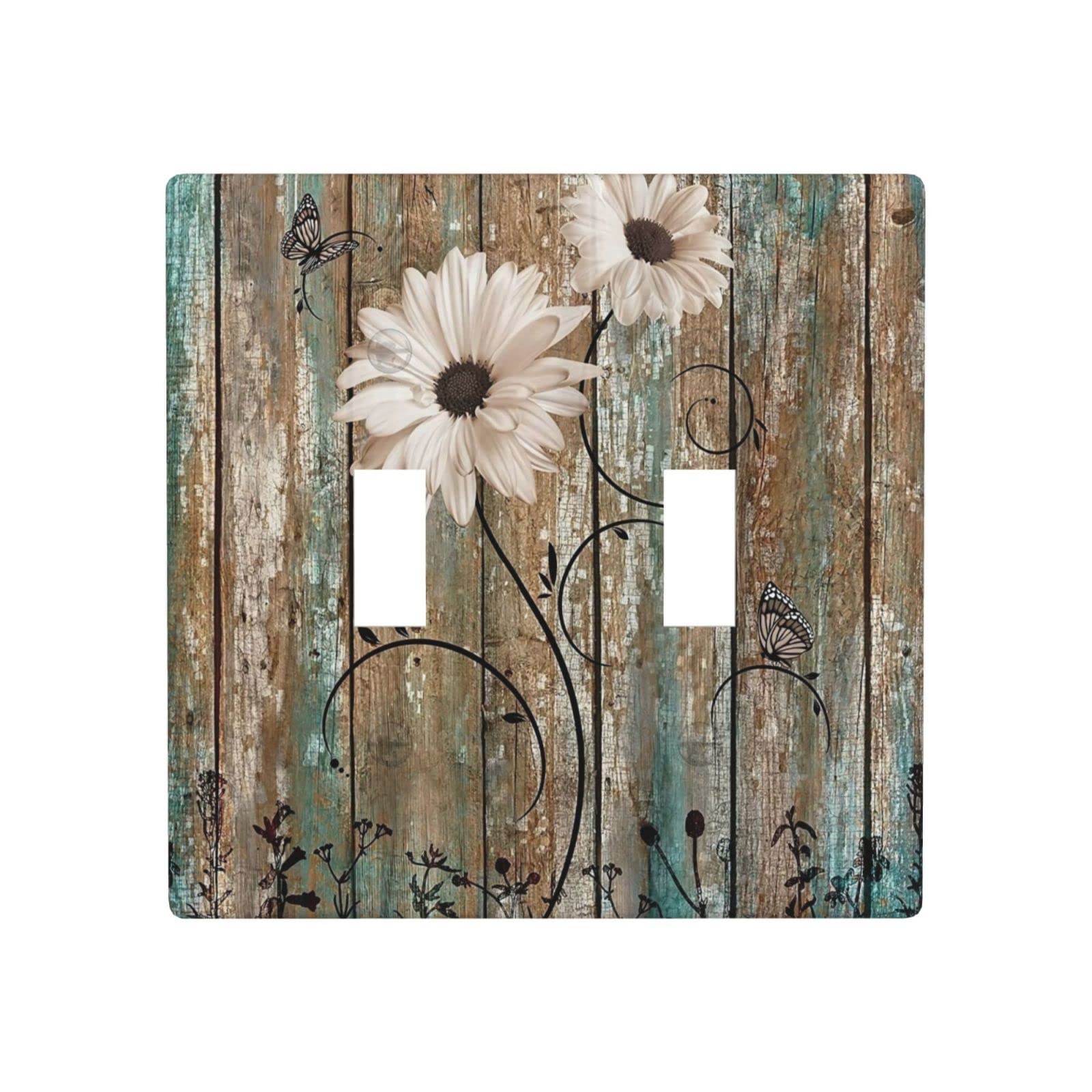 Rustic Daisy Flower Light Switch Cover - Double Toggle Wall Plate 2 Gang Switch Plate (4.5 x 4.5 Inch) for Kitchen, Bedroom, Nursery & Home Decor - Perfect for Farmhouse, Cottage & Vintage Style Interiors