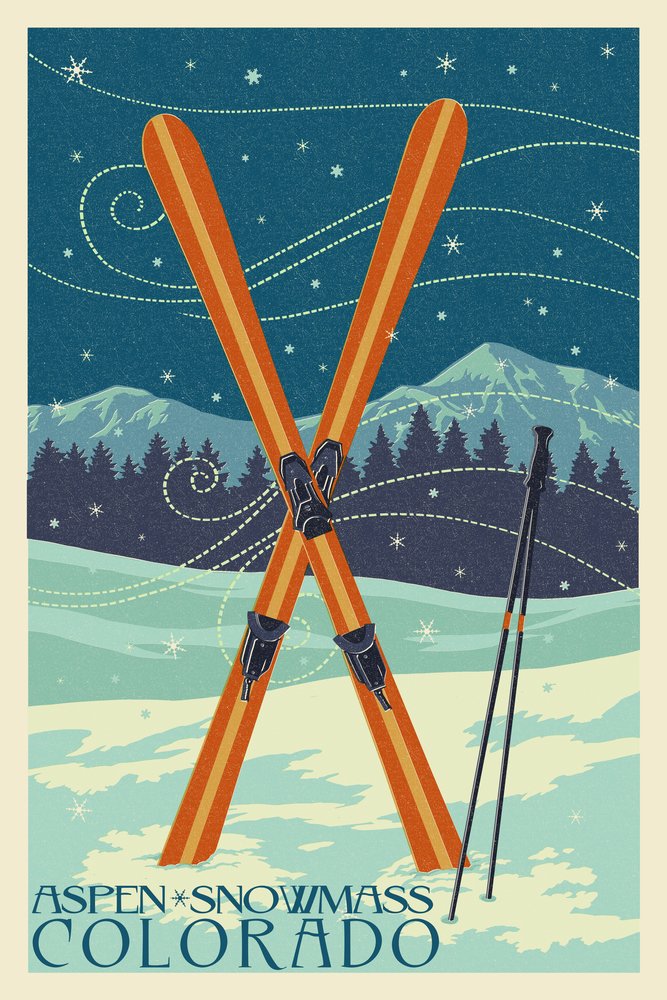 Aspen Snowmass Colorado Crossed Skis Letterpress Art Print - 24x36 Signed Wall Decor Poster for Ski Lodge, Cabin & Mountain Home Decor