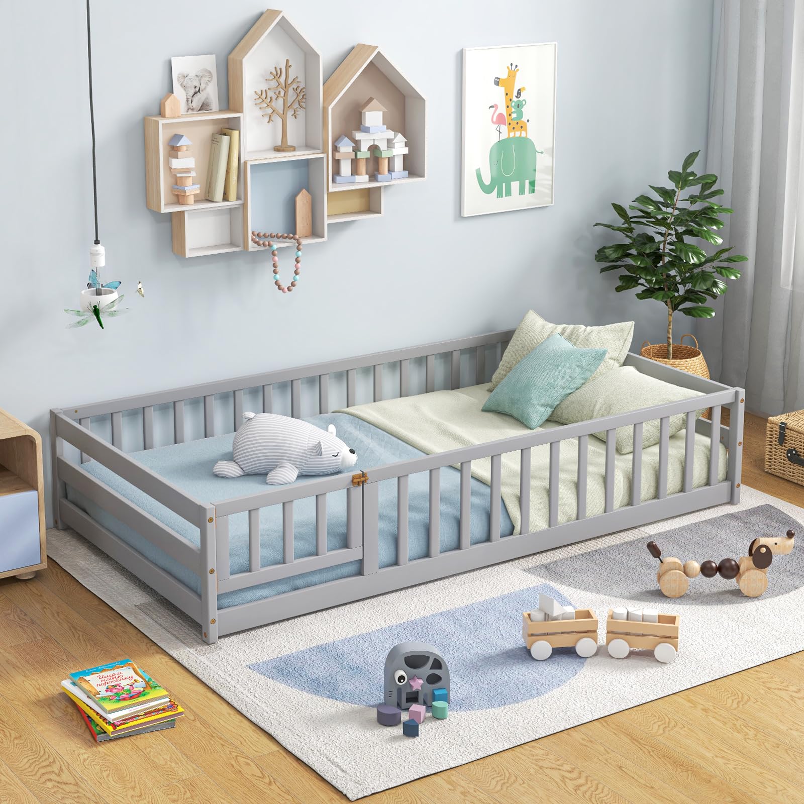 Giantex Twin Floor Bed with Door & Safety Fence - Wooden Montessori Bed for Kids, Boys & Girls - No Box Spring Needed - Sturdy Frame with Guardrails - Grey - Perfect for Montessori Rooms, Daycare & Kids' Bedrooms