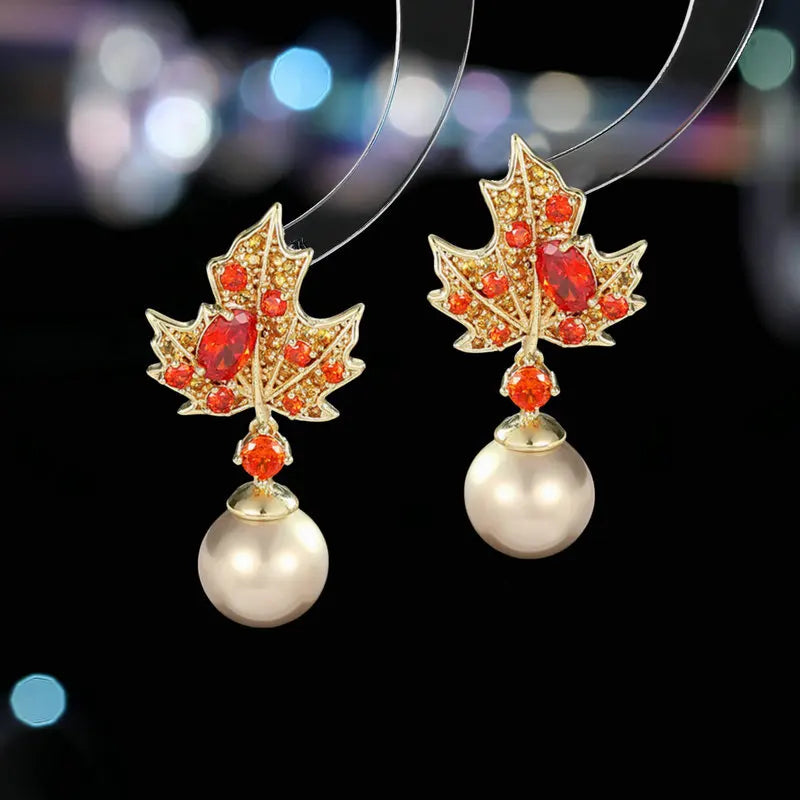 Shiny Crystal Cubic Zirconia Maple Leaf Pearl Earrings for Women | Bridal Wedding Jewelry Accessories | Perfect for Bridal Shower, Anniversary Gifts & Special Occasions LYH069