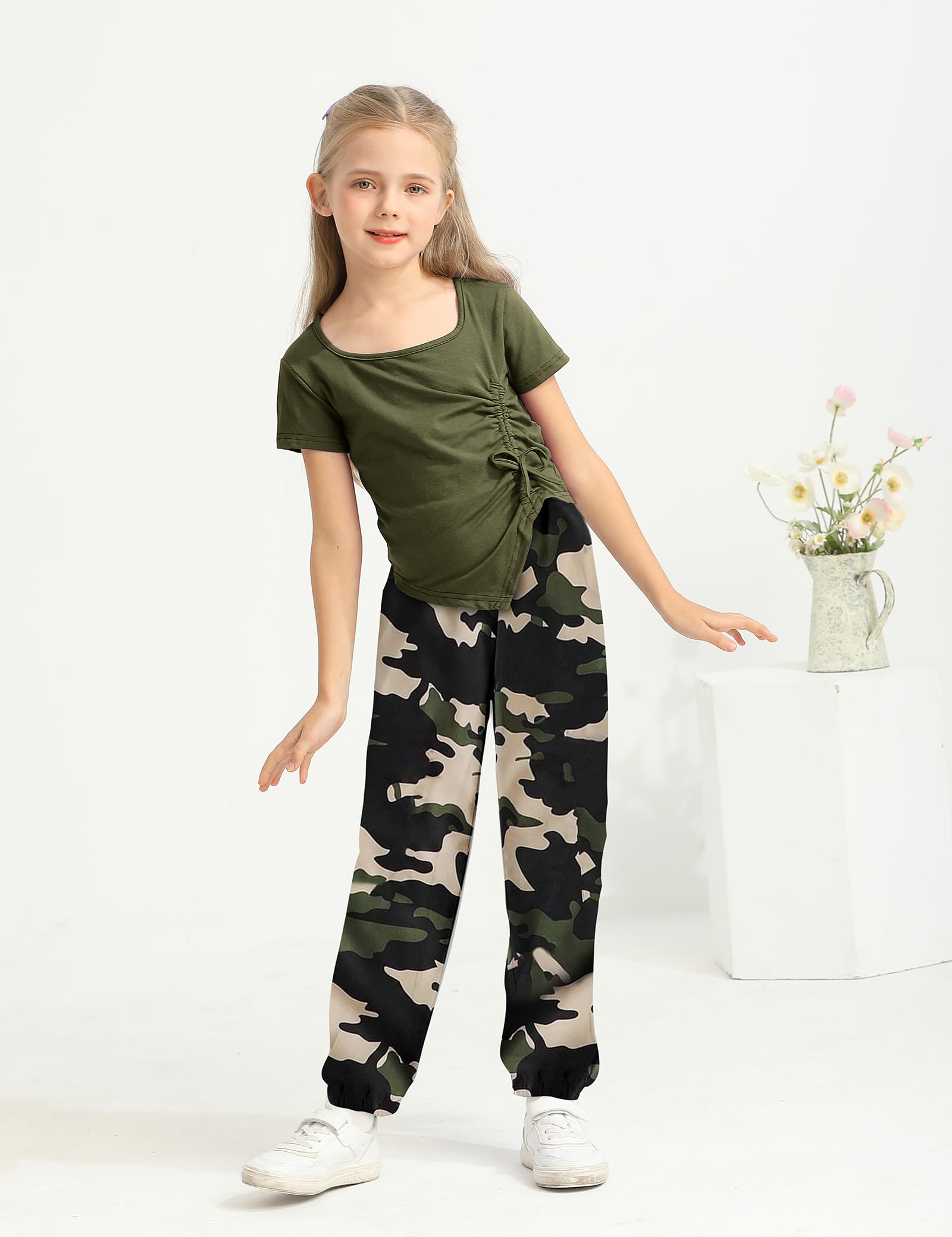 Girls' Ruched Drawstring Short Sleeve Top & Camo Pants 2-Piece Summer Outfit Set - Perfect for Playdates, Beach Trips & Casual Wear