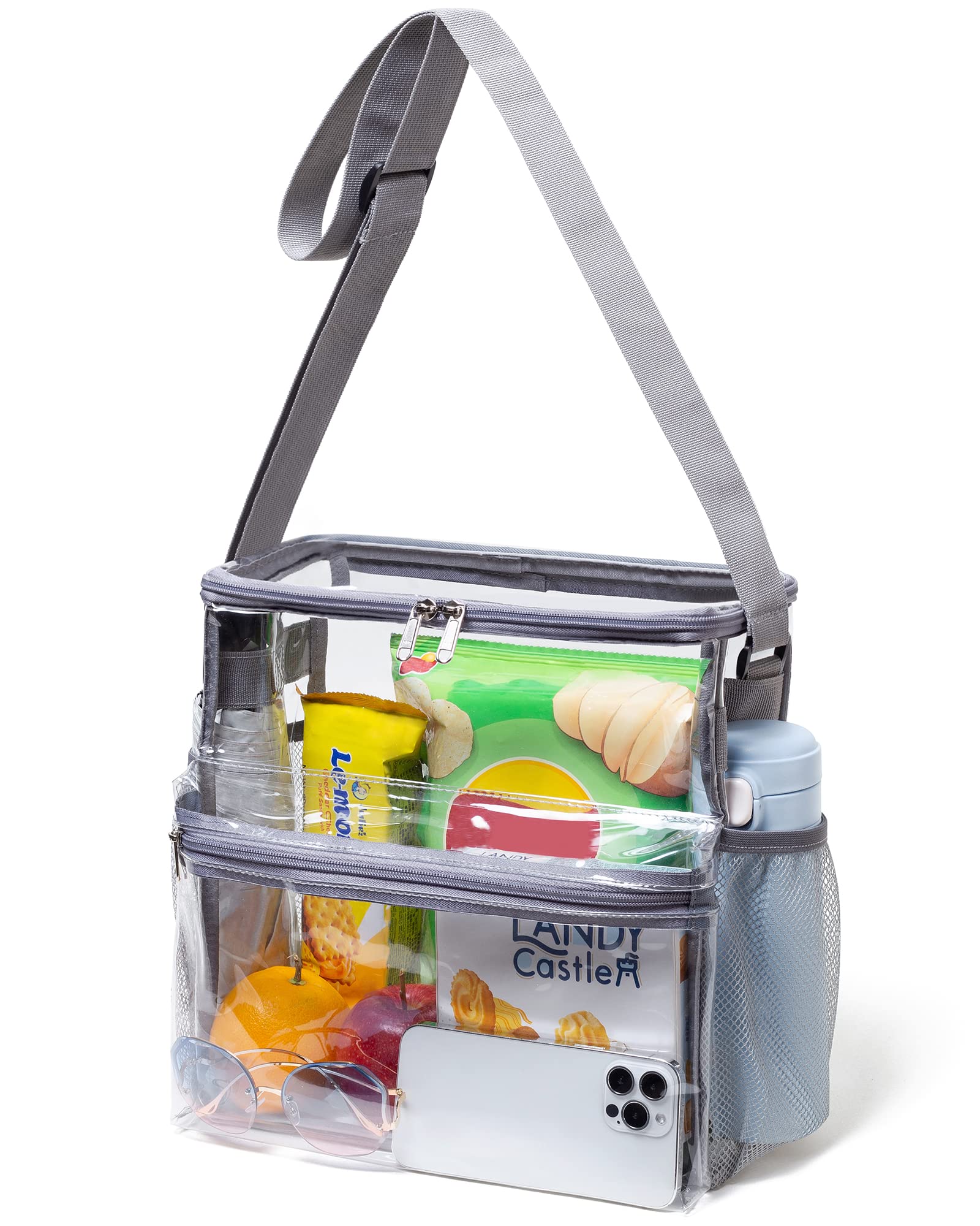 OEIPSMK Clear Tote Bag - 12x12x6 Stadium Approved Clear Crossbody Lunch Bag for Sports, Concerts, Work & College - Black, Gray (One Size) | Perfect for Stadium Security Checks, Beach Days & Gym Essentials