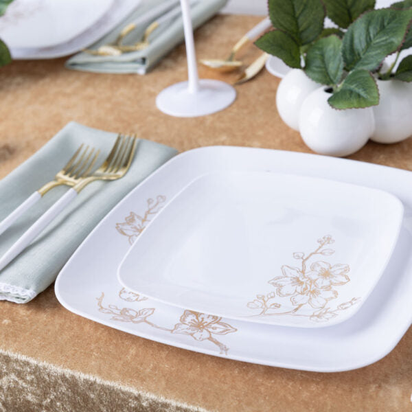 32-Piece White and Gold Round Plastic Dinnerware Set - 16 Place Settings - Elegant Disposable Plates, Bowls, Cups & Cutlery for Parties, Weddings, and Special Events