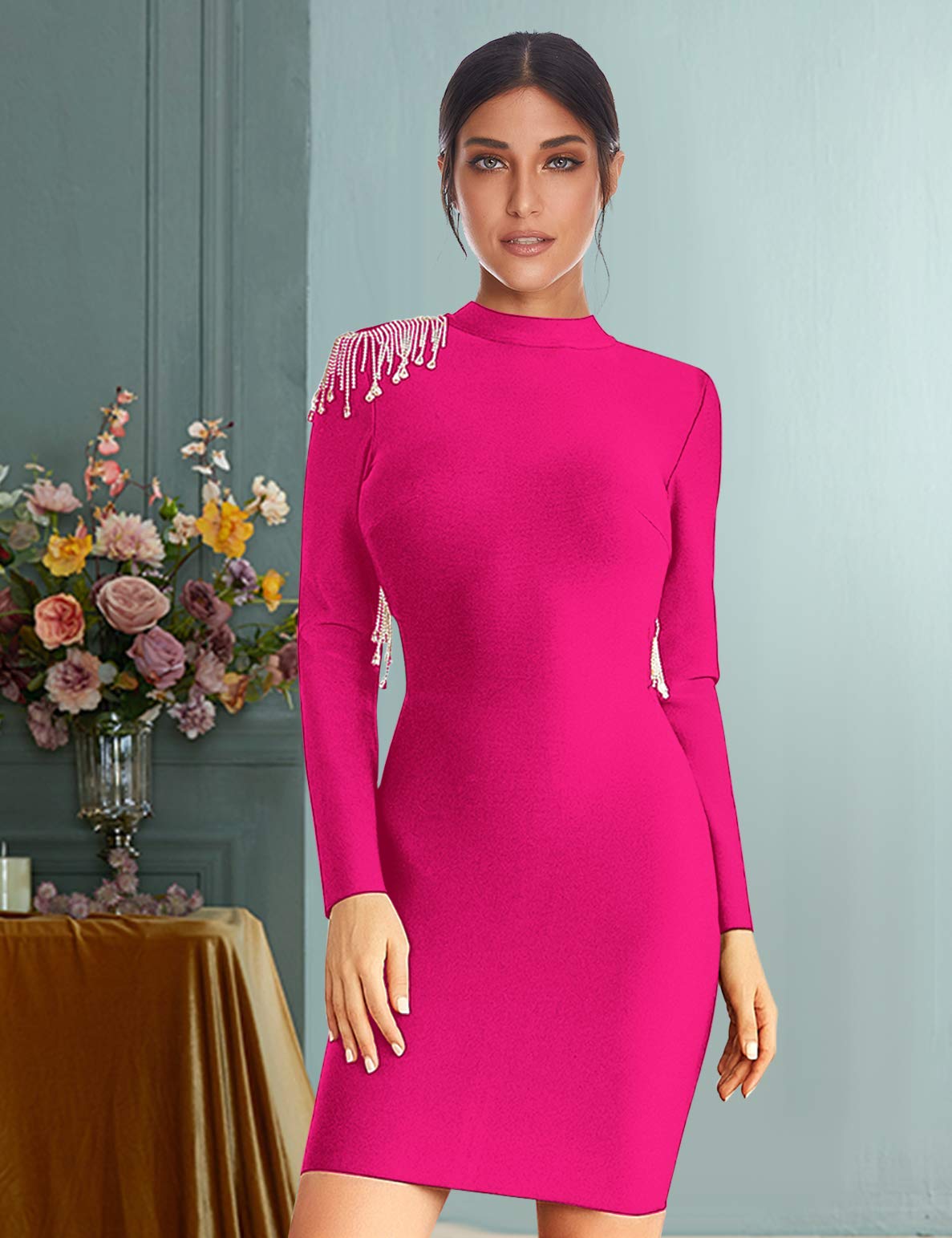 Meilun Women's Long Sleeve Bandage Bodycon Dress with Beaded Tassel Details - Winter Party Dress for Club Nights, Holiday Events & Cocktail Parties