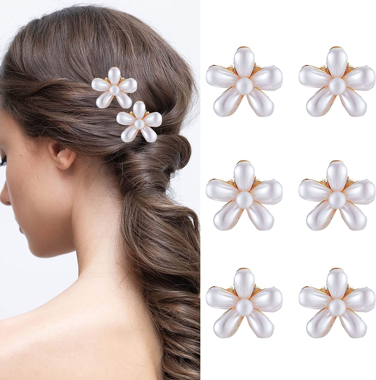HAPPYMATES 6 Pack Korean Style Mini Hair Clips - Pearl Hair Claw Clips with Daisy Design, Non-Slip Hair Barrettes for Women & Girls | Perfect for School, Work, Parties & Everyday Hairstyles