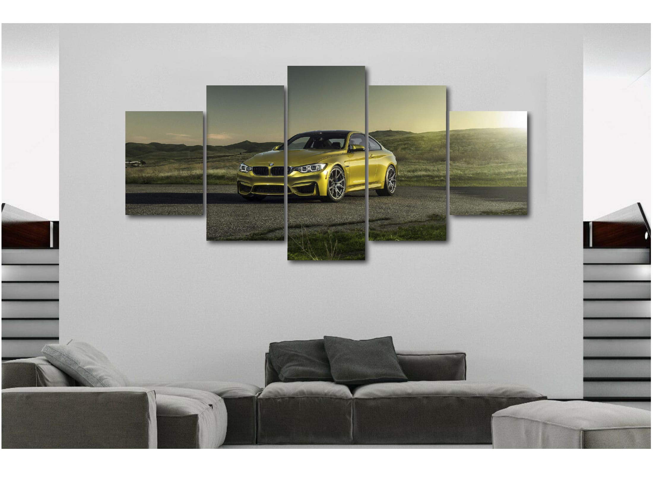 5 Piece Luxury Canvas Wall Art - Sports Cars & Supercar Posters - Modern Exotic Car Decor (Extra Large, BMW M4 Austin Yellow) - Perfect for Home, Office & Man Cave Decor