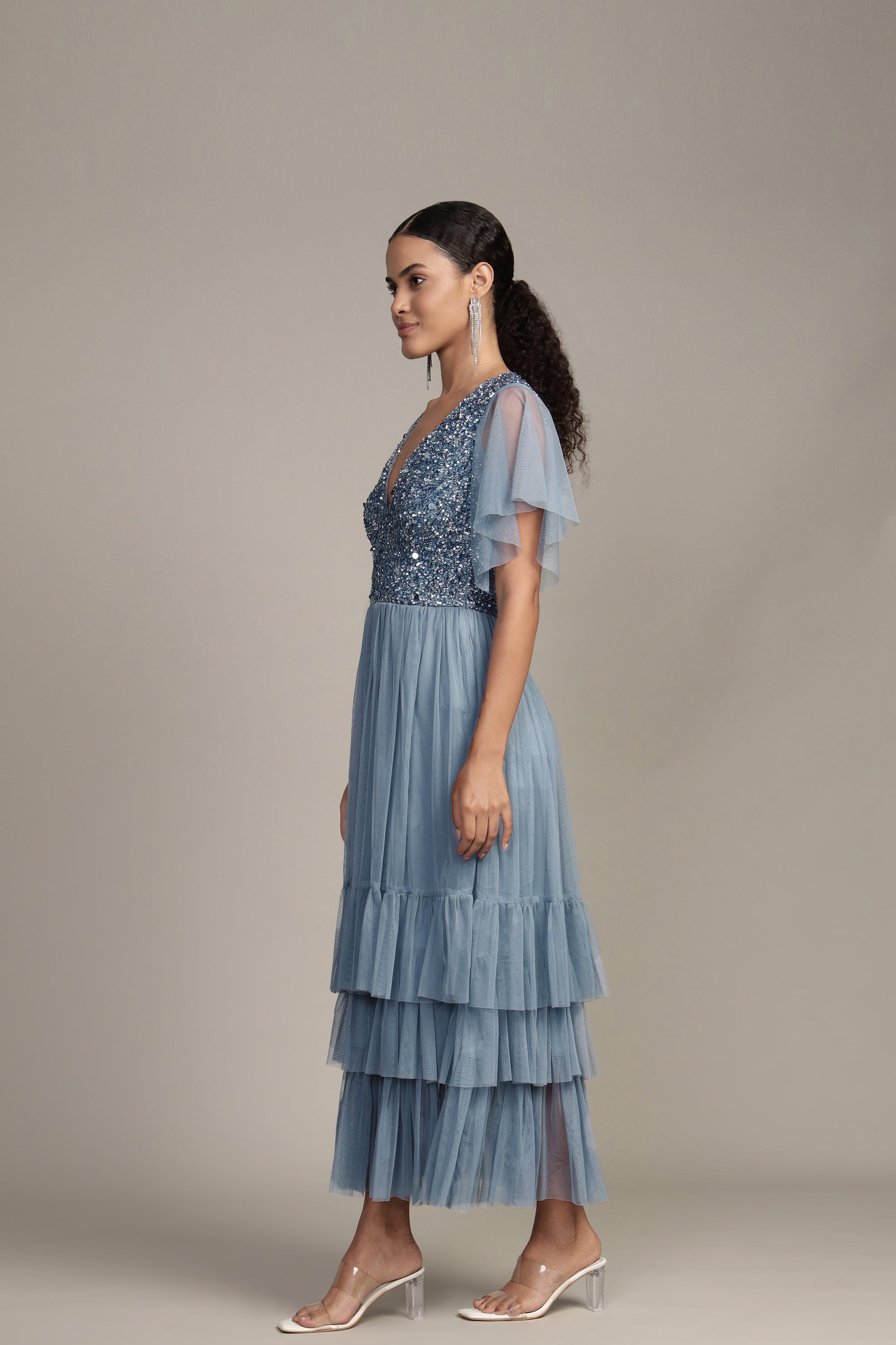 Elegant Maddie Embellished Midi Dress in Dusty Blue - Perfect for Weddings, Parties & Special Occasions