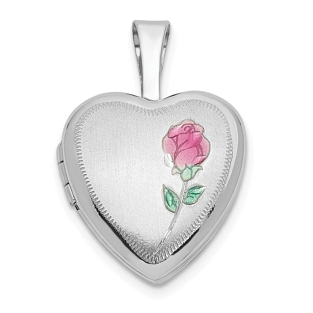 14K White Gold 12mm Satin Enamel Rose Heart Locket Necklace - Elegant Jewelry Gift for Women, Perfect for Valentine's Day, Anniversary & Romantic Occasions
