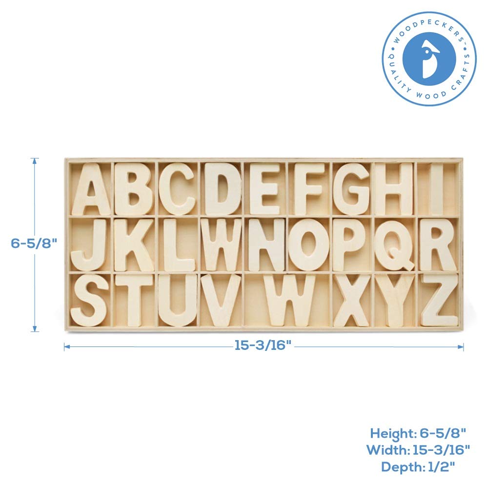 Wooden Alphabet Letters Tray Set - 3 Unfinished Wood Trays with 104 ABC Letters for Kids Learning - Perfect for Preschool Classroom, Homeschooling & Montessori Education by Woodpeckers