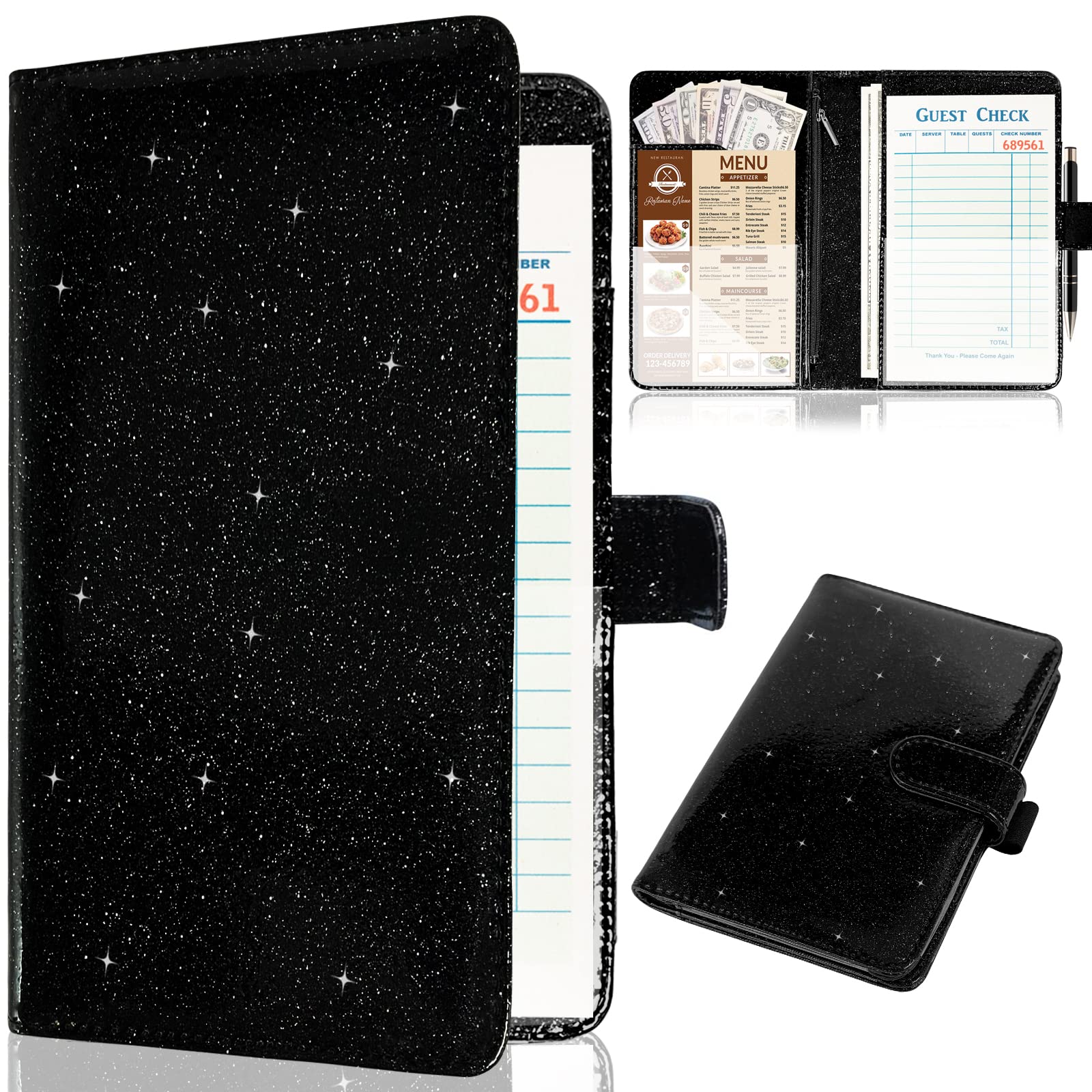 Leather Waiter Book Organizer with Zipper Pocket & Pen Holder - Bling Waitress Money Wallet for Restaurant Staff - Glitter Black Server Book - Perfect for Waitress Tips, Order Tracking & Cash Management