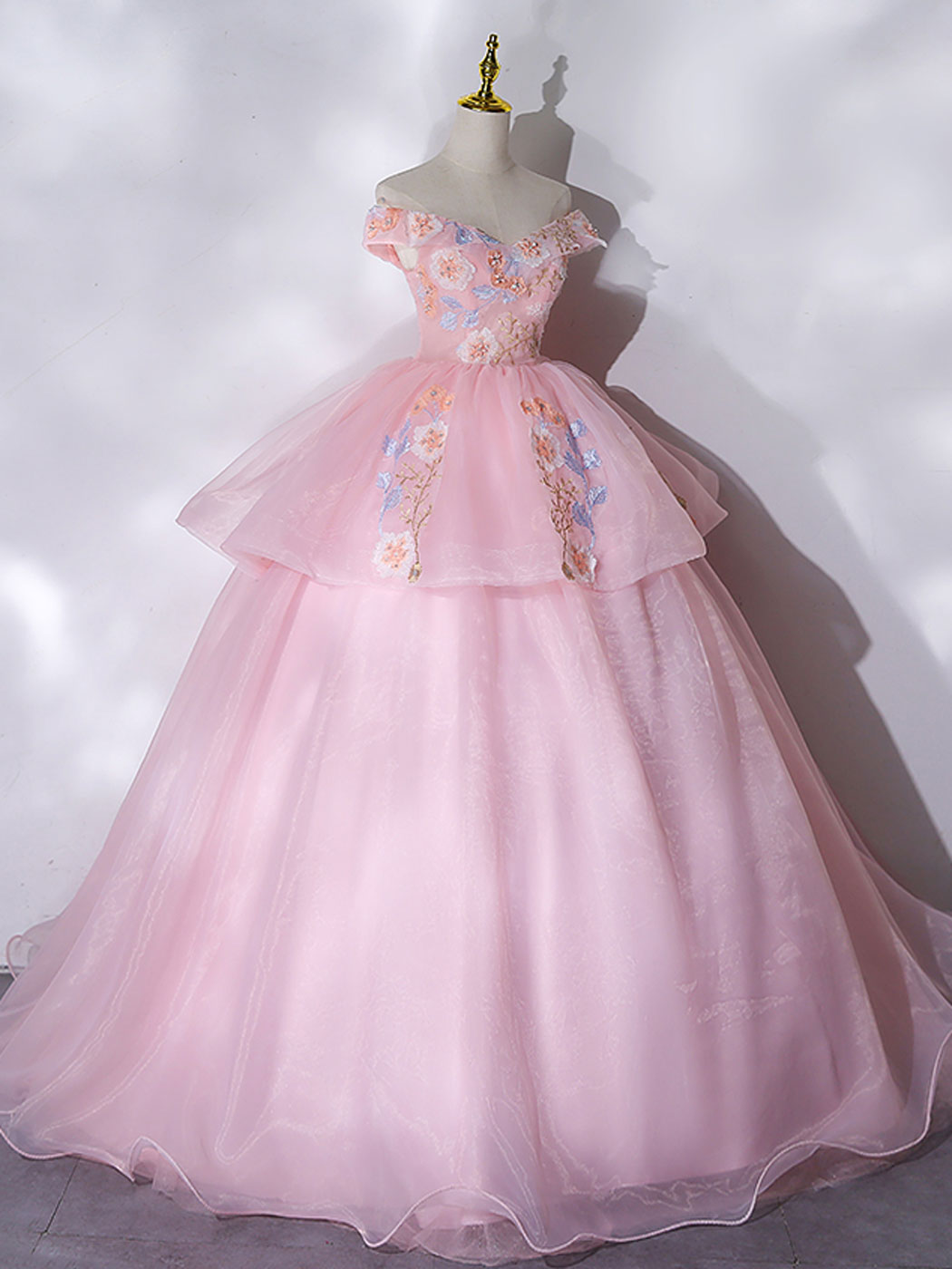 Elegant A-Line Off Shoulder Organza Lace Pink Long Prom Dress for Sweet 16 Party, Homecoming, Formal Events & Special Occasions