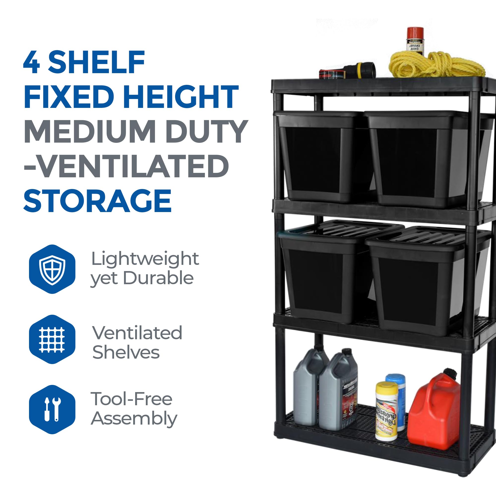 Gracious Living 4-Shelf Black Ventilated Storage Shelving Unit with 10-Gallon Bins & Lids - Medium Duty Organizer System for Garage, Closet & Home Organization