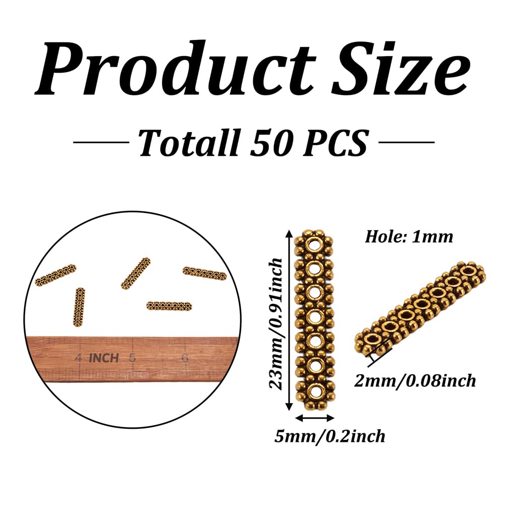 50Pcs Antique Gold 7-Hole Bar Spacer Beads 23x5mm - Tibetan Metal Flower Connectors for DIY Jewelry Making - Perfect for Layered Necklaces, Bracelets & Boho Style Accessories