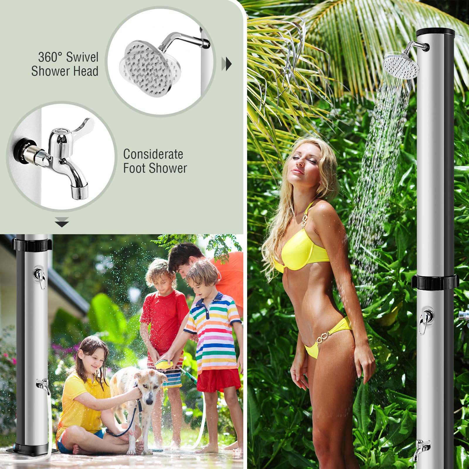 Goplus 10 Gallon Solar Heated Outdoor Shower - 7.2 FT Freestanding Garden & Pool Shower with Rotating Head, Temperature Control & Foot Wash - Perfect for Backyard, Beach, Camping & RV Use (Silver)