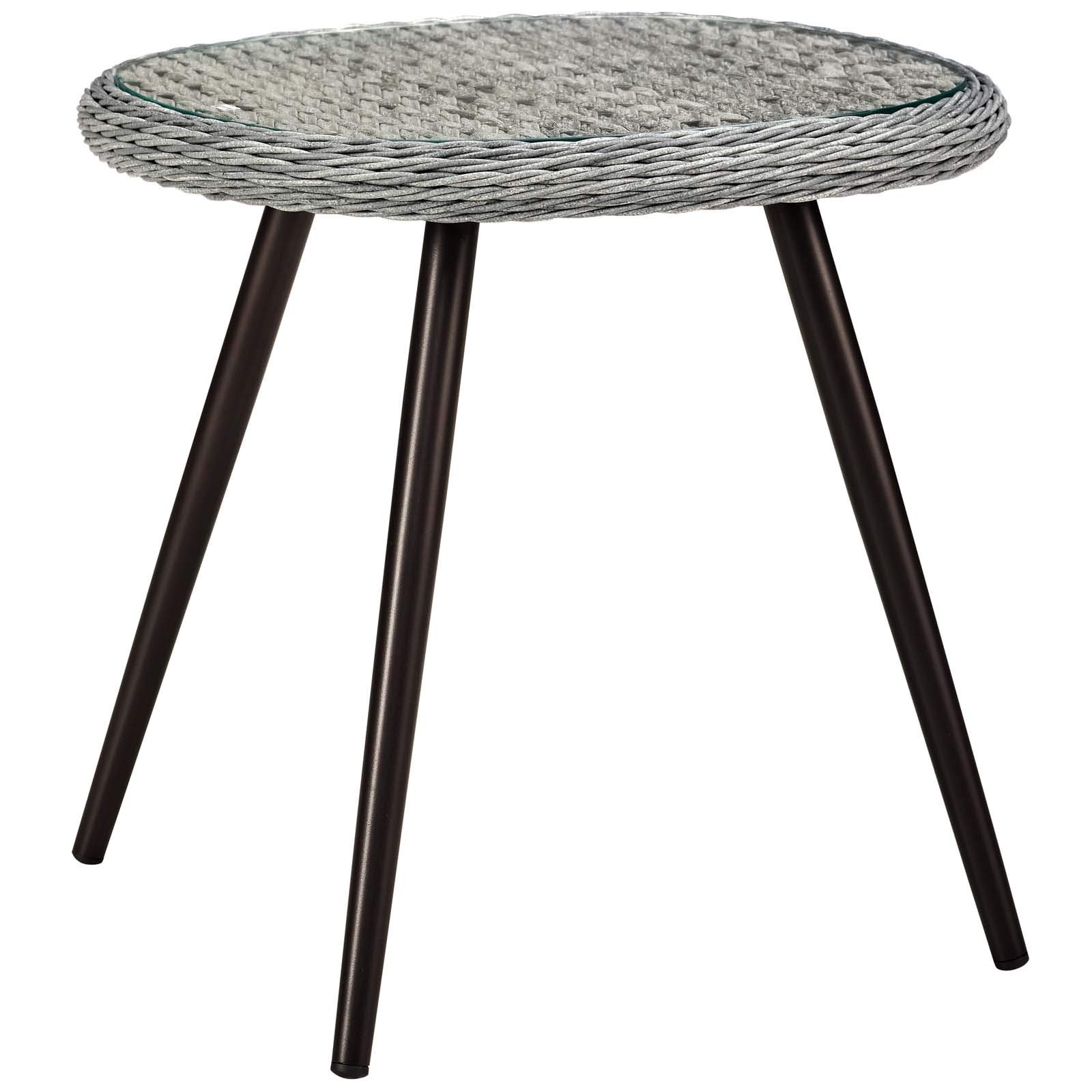 Modern Outdoor Patio Balcony Lounge Coffee Side Table - Grey Glass Rattan Wicker Design for Garden, Terrace, and Poolside Relaxation