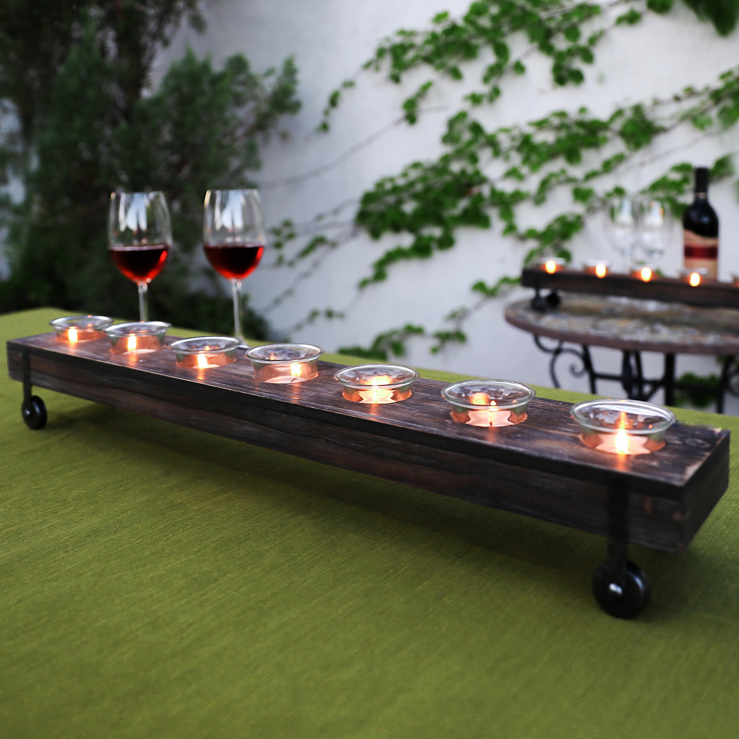 31517 Set of 2 Rectangular Wood Candle Holders with Glass Cups - Dark Brown Wood Finish for Home Decor, Wedding Centerpieces & Tabletop Decorations