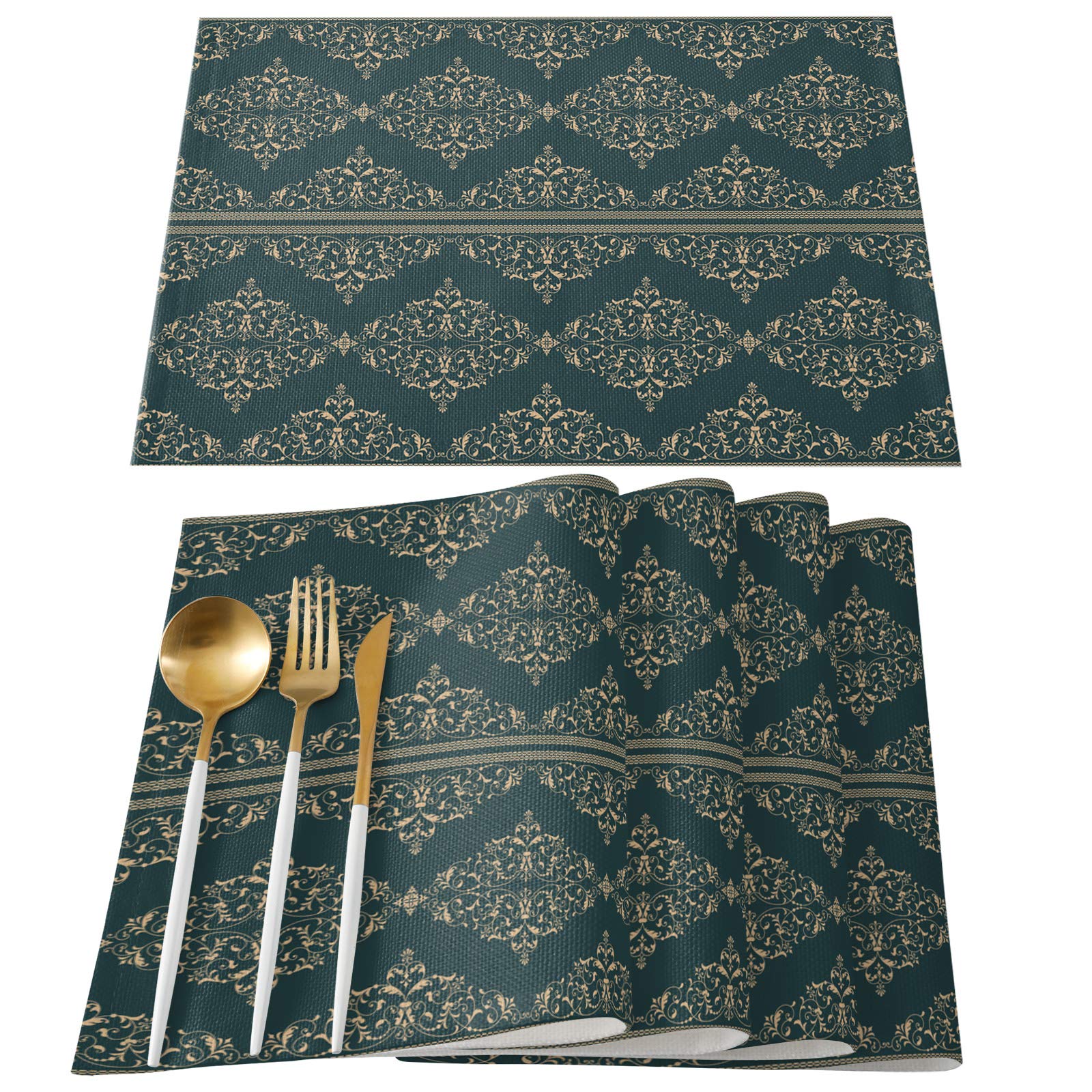European Style Retro Cotton and Linen Placemats Set of 4 - Floral Pattern Heat Resistant Non-Slip Washable Table Mats for Dining Table - Perfect for Home Decor, Dinner Parties, and Everyday Use