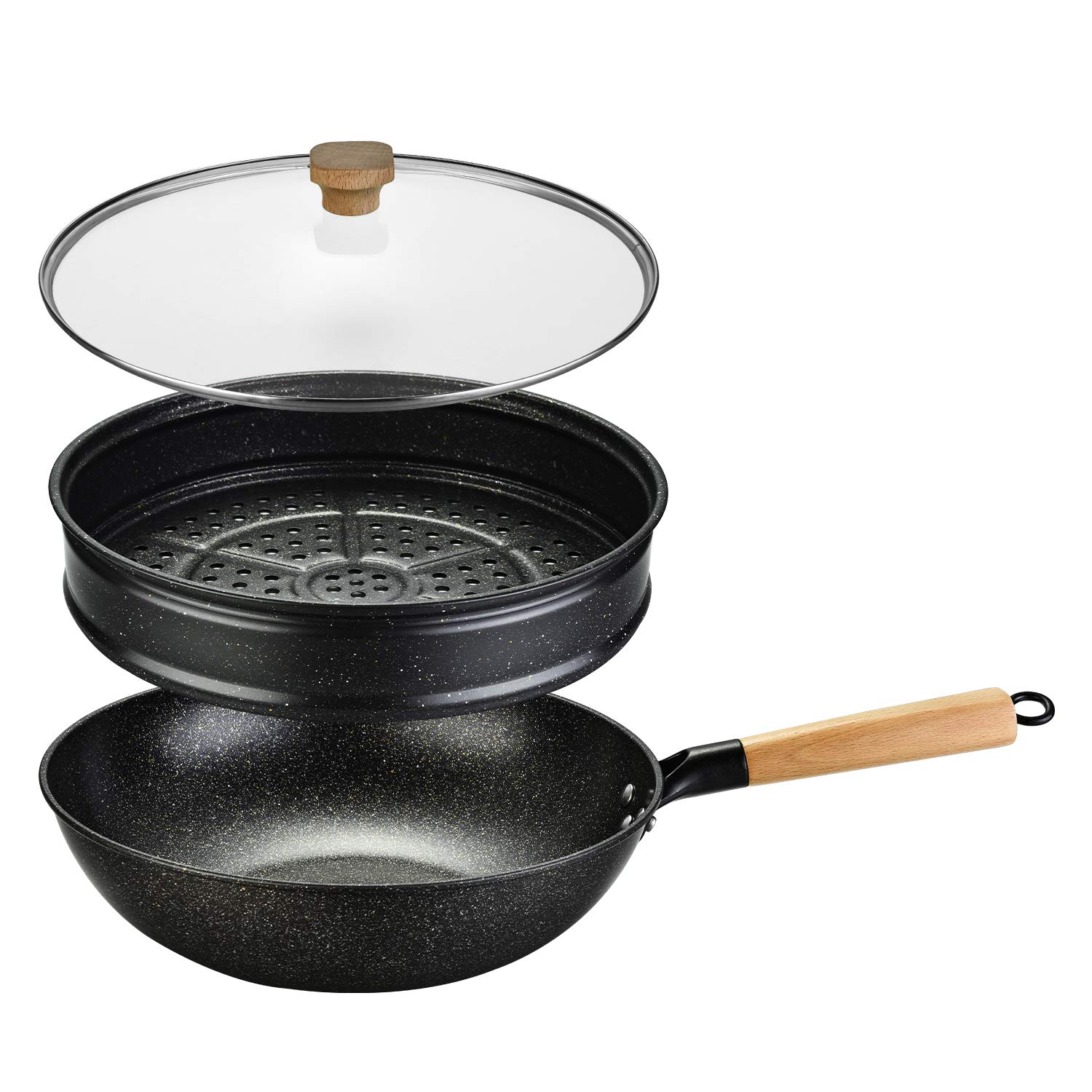 KYTD Nonstick Wok Pan Set with Lid & Steam Rack - 12 Inch Ceramic Stir Fry Pan, Flat Bottom Induction Compatible Skillet for Healthy Cooking - Perfect for Asian Stir Fry, Sautéing & Steaming Vegetables