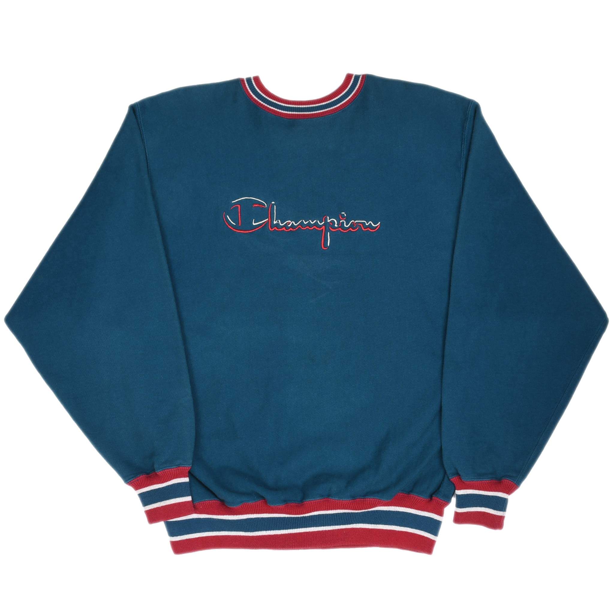 Vintage Champion Reverse Weave Spellout Cyan Sweatshirt 1990s XL Made in USA - Retro Unisex Pullover for Casual Wear & Street Style Fashion
