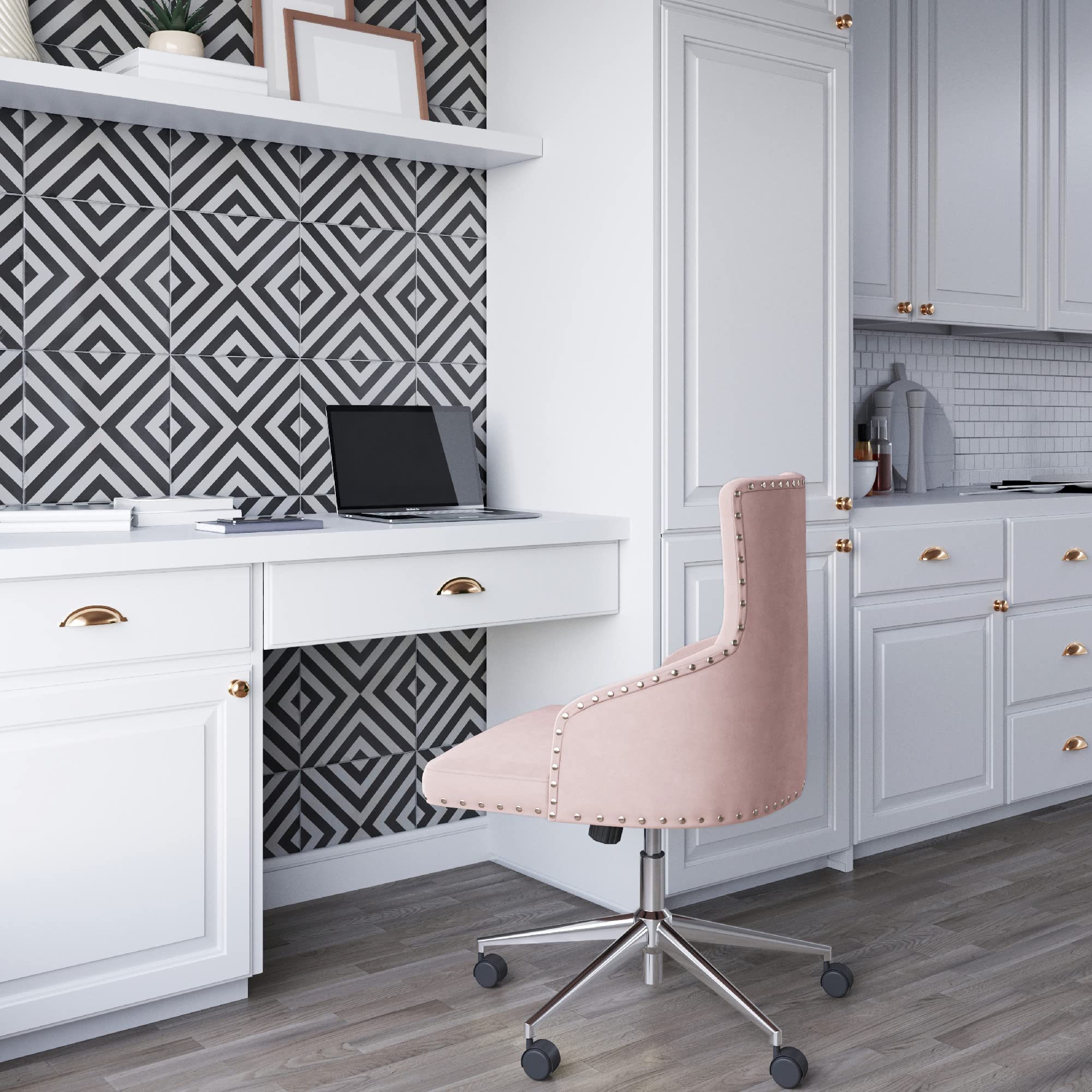 BELLEZE Modern Velvet Desk Chair with Adjustable Height - Pink Tufted Upholstered Swivel Office Chair with Wheels for Home Office, Bedroom Vanity or Study Room | Ergonomic Computer Chair for Work, Gaming & Makeup Station