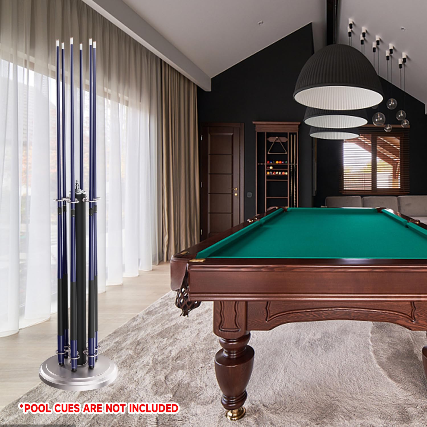 GSE Games & Sports Expert 6-Slot Metal Billiard Pool Cue Rack - Heavy Duty Stand-Style Cue Holder for Billiards Accessories (Black/Chrome/Walnut) - Perfect for Home Game Rooms, Bars, and Pool Halls