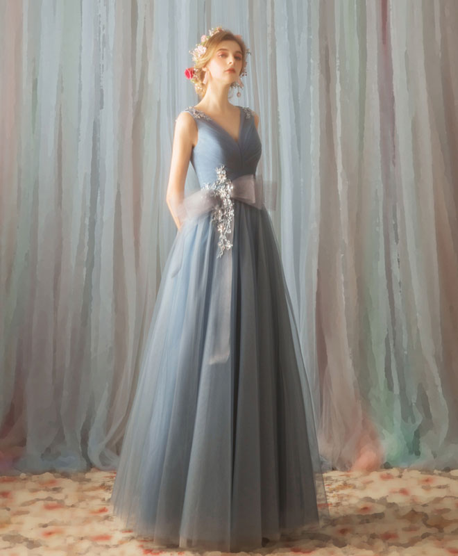 Elegant Blue V-Neck Tulle Lace Long Prom Dress for Women - Formal Evening Gown for Homecoming, Ball, Wedding & Special Occasions