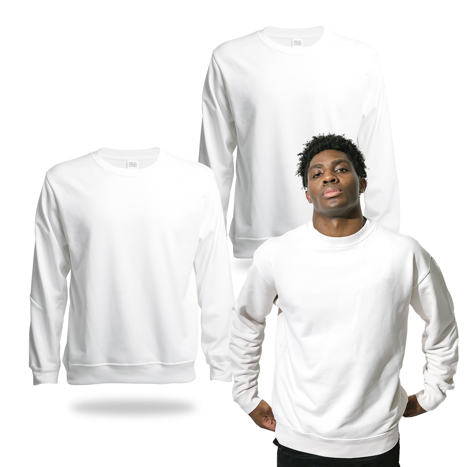 2 Pack White Blank Polyester Crewneck Sweatshirts for Sublimation & Heat Press - Unisex Adult Pullover Hoodies for DIY Printing, Custom Apparel & Gifts
