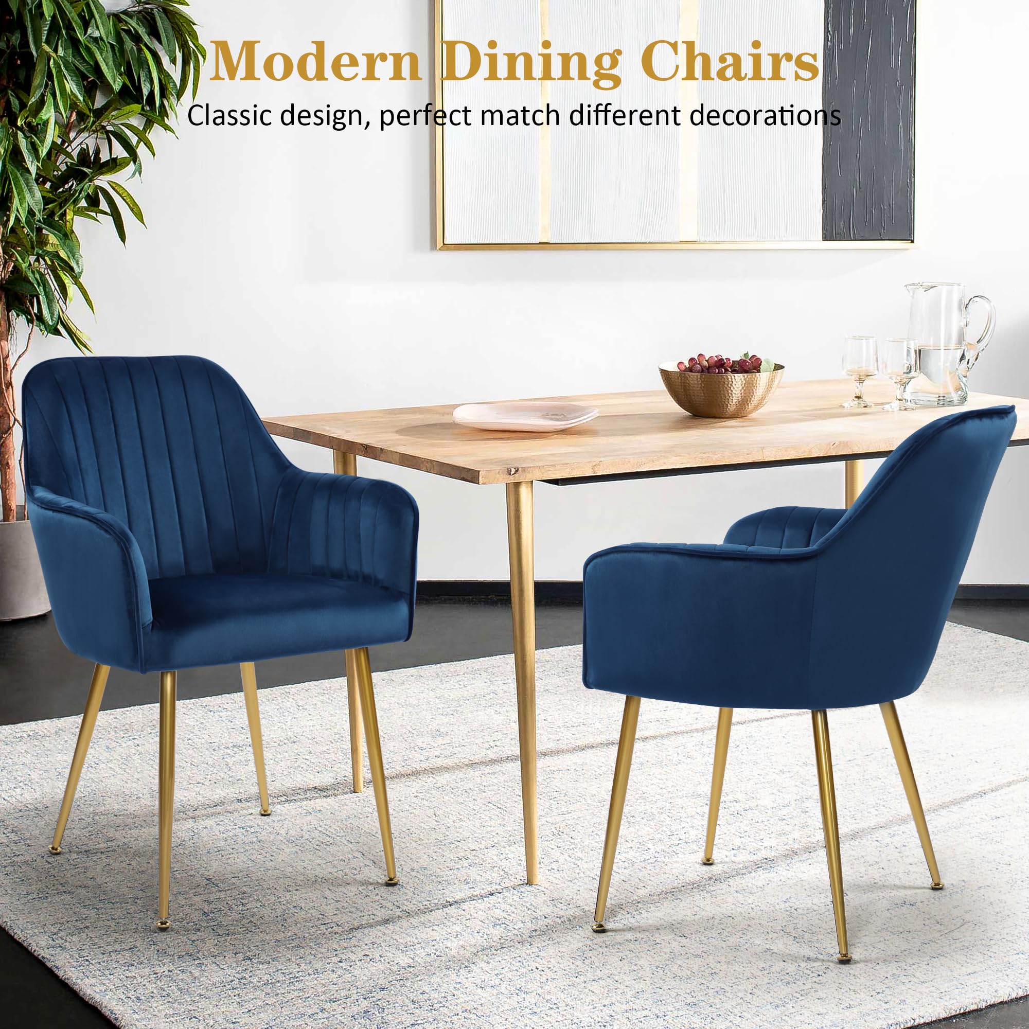 Luxury Velvet Dining Chairs Set of 4 - Modern Upholstered Accent Chairs with Gold Metal Legs for Living Room, Bedroom & Office - Soft Blue Fabric Seating for Home Decor & Entertaining