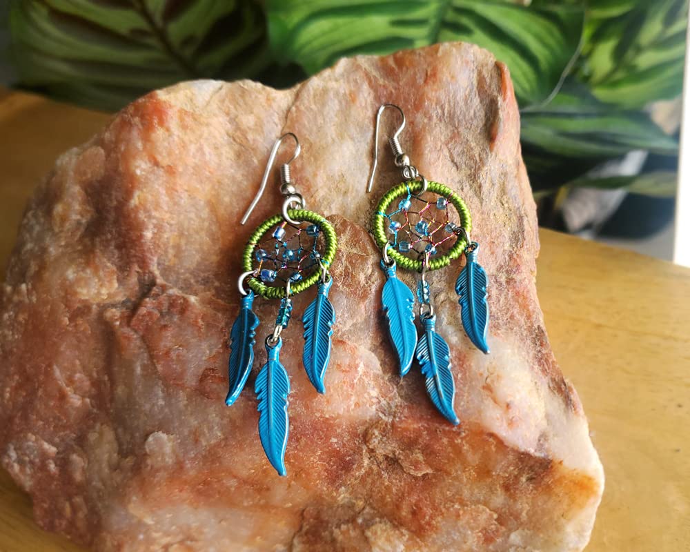 Handmade Boho Dream Catcher Metal Feather Earrings with Triple Colored Charms - Long Dangle Drop Earrings for Women | Perfect for Festivals, Parties & Boho Fashion Accessories