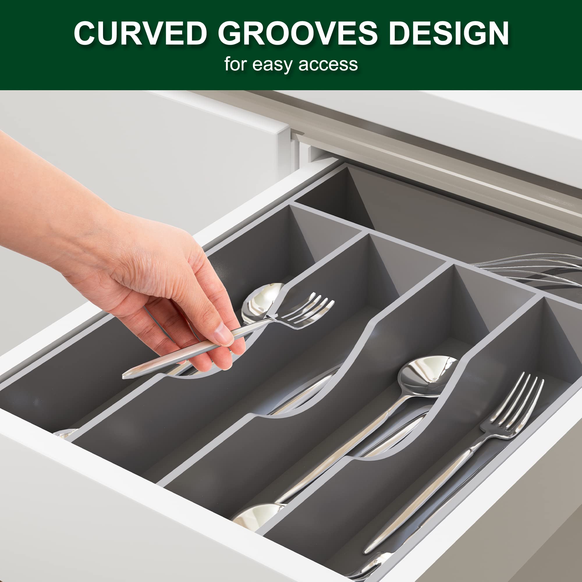 Bellsal Grey 10-Inch Bamboo Utensil Organizer - 5-Compartment Silverware Tray for Kitchen Drawer, Cutlery Holder & Utensil Storage | Perfect for Small Narrow Drawers, Home Organization & Kitchen Decluttering