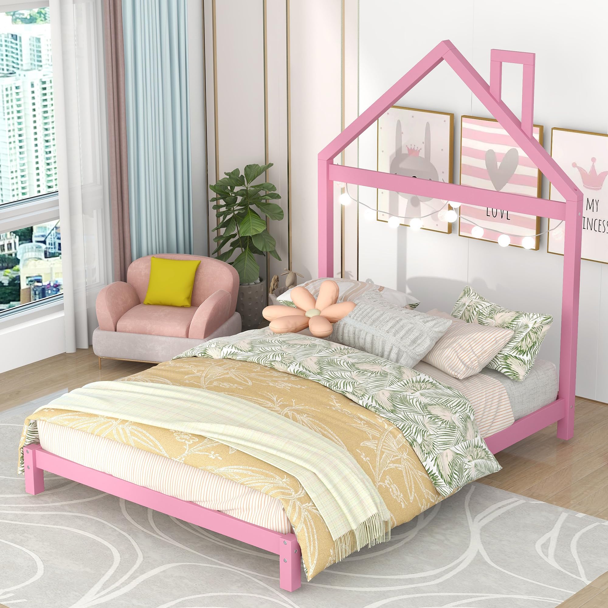 Full Size Bed Frame with House Shaped Headboard & Slats - Sturdy Platform Bed for Kids, Boys & Girls in Pink - Perfect for Bedrooms, Playrooms & Kids' Sleepovers