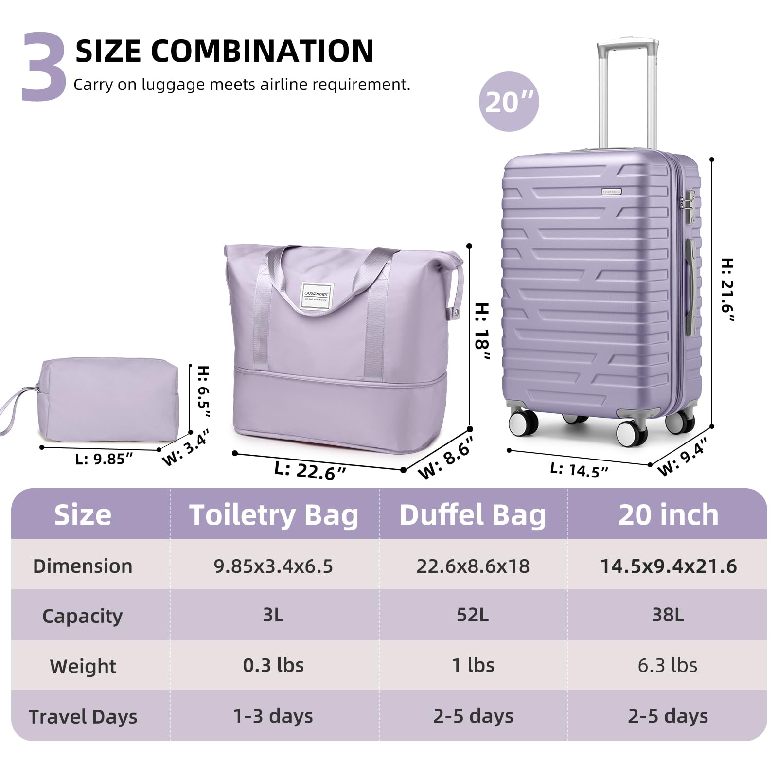 3-Piece Lavender Hardside Luggage Set - 20 Inch Airline Approved Carry-On Suitcase with Spinner Wheels & TSA Lock | Lightweight Rolling Luggage for Men & Women | Perfect for Business Travel, Family Vacations & Weekend Getaways
