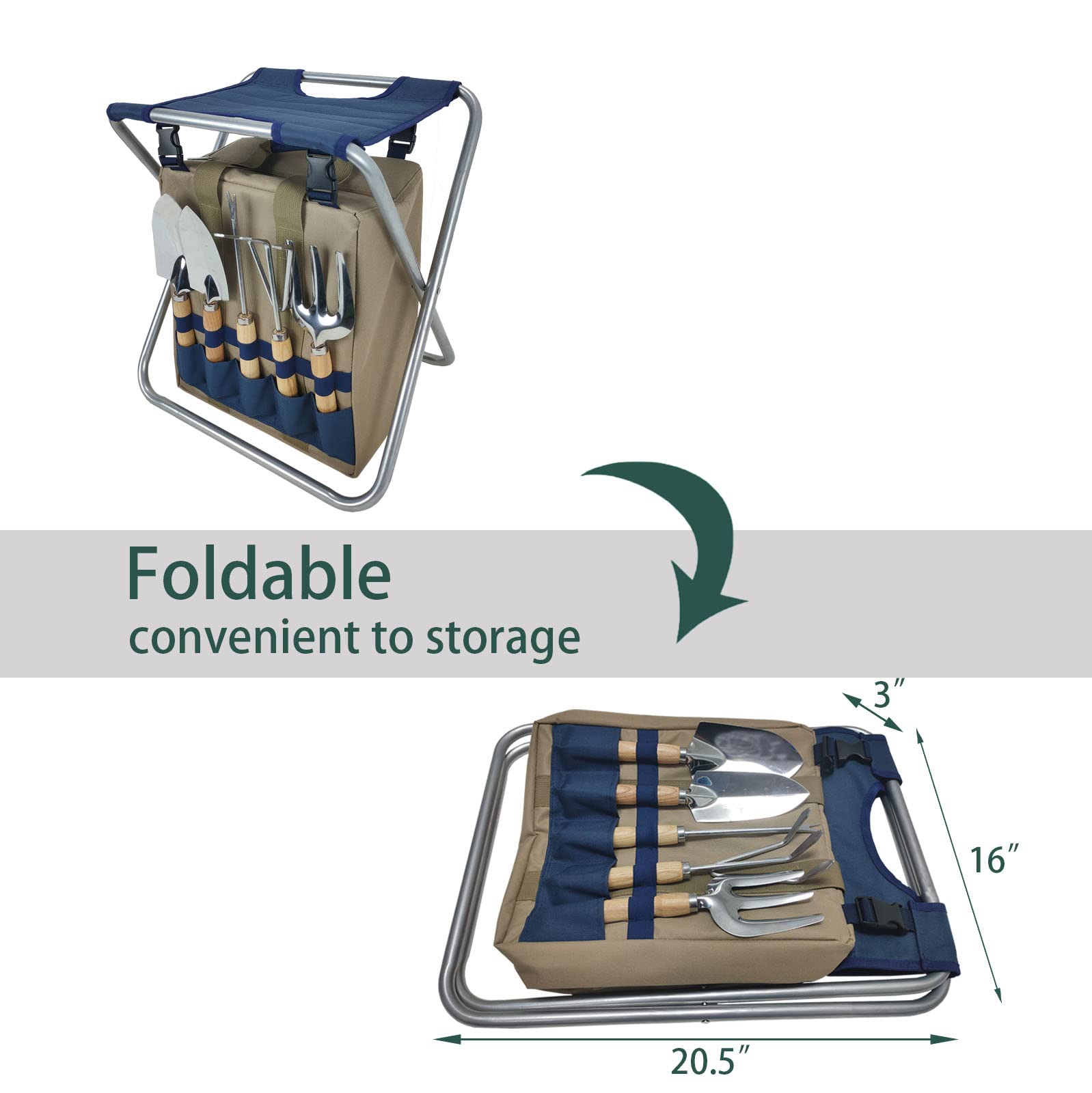 **Foldable Garden Stool with 5 Gardening Tools & Insulated Storage Bag - Ergonomic Kneeler for Outdoor Planting, Weeding, and Landscaping (Navy Blue)**