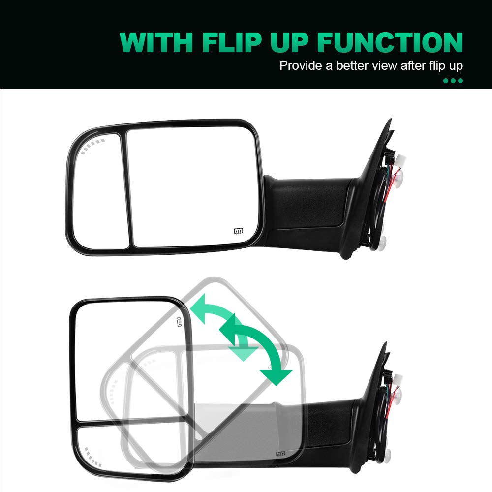 2010-2018 Dodge Ram 1500/2500/3500 Power Heated Towing Mirrors with LED Turn Signal & Puddle Light - Driver & Passenger Side Black Replacement Mirrors for Enhanced Visibility & Safety While Towing Trailers or Large Loads