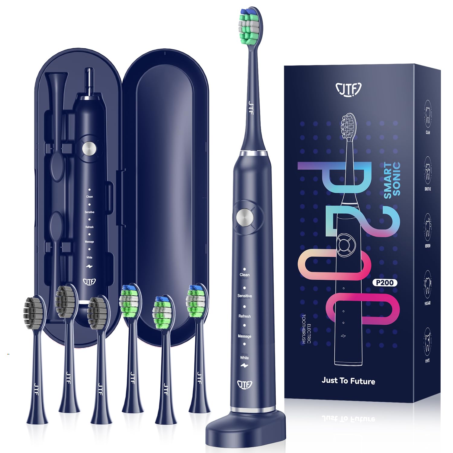 JTF Sonic Electric Toothbrush for Adults - Fast Rechargeable Toothbrush with Travel Case & 6 Brush Heads, 5 Cleaning Modes, Navy Blue - Perfect for Travel, Home & Daily Oral Care