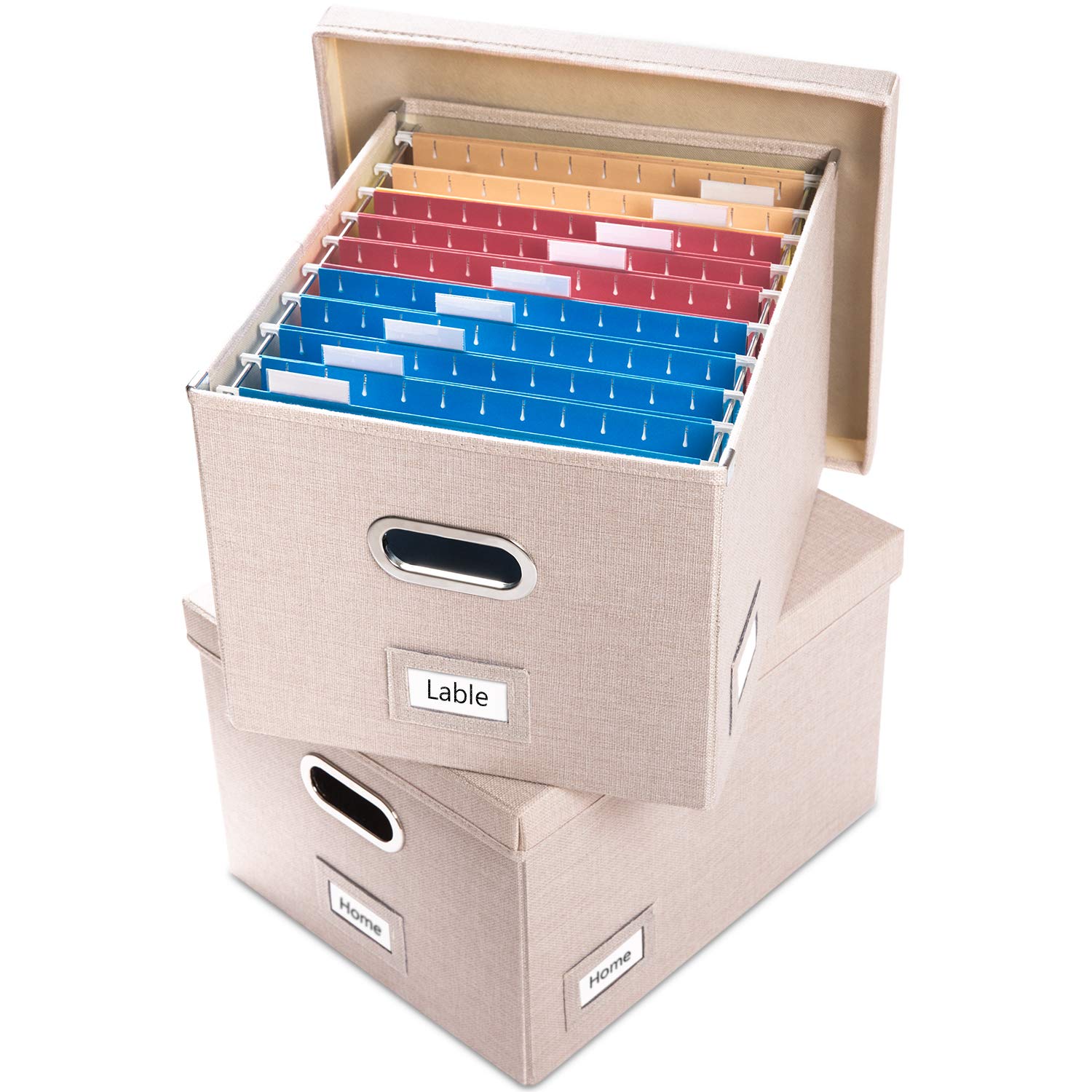 PRANDOM File Organizer Box Set of 2 - Collapsible Linen Storage Bins with Lids for Office, Home & School - Letter/Legal Size Hanging File Folders (17x14x11.2 Inch, Light Grey) - Perfect for Desk Organization, Document Storage & Cabinet Filing Systems