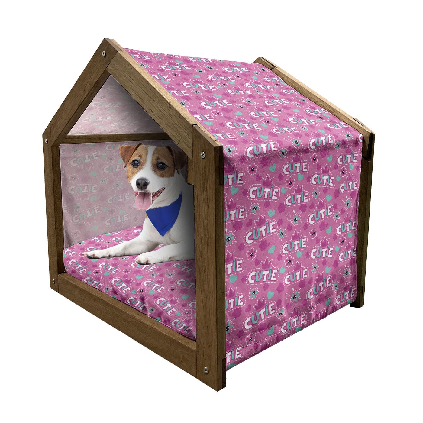 Ambesonne Pink Wooden Dog House with Crown & Flower Design - Portable Indoor & Outdoor Pet Kennel for Small to Large Dogs - Includes Soft Pillow & Removable Cover - Perfect for Home, Garden, or Travel Use