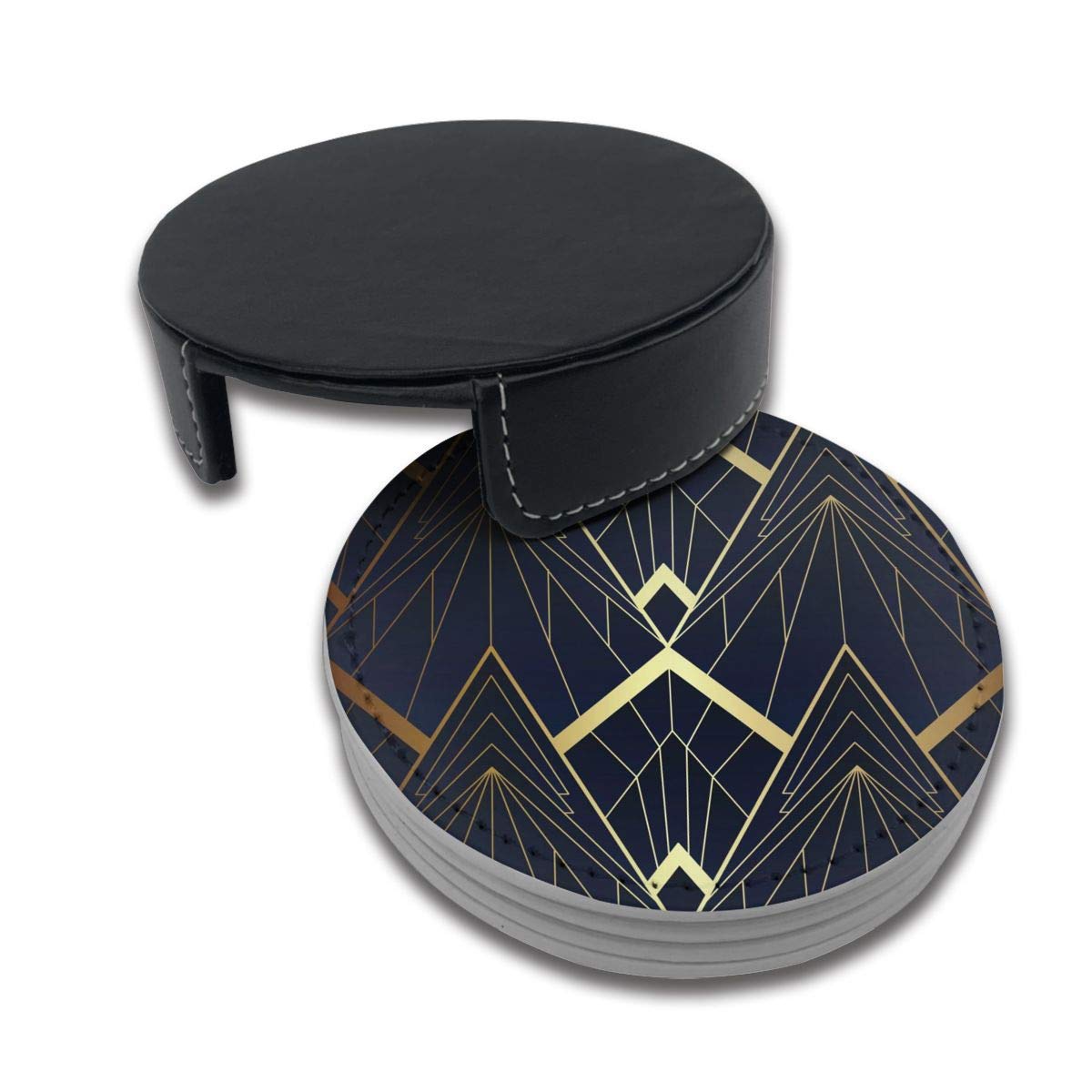 Modern Abstract Art Deco Coasters Set of 6 with Holder - Non-Slip Drink Coasters for Coffee, Wine & Cocktail Glasses - Perfect for Home Bar, Office & Dining Table Decor