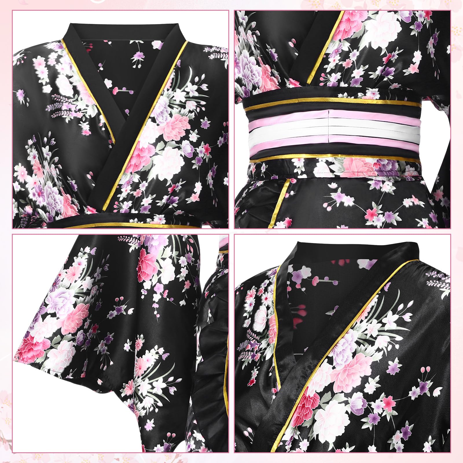 8 Pcs Japanese Kimono Costume Set for Women - Geisha Yukata with Obi Belt, Wooden Clogs, Parasol, Hair Stick & Folding Fans - Perfect for Cosplay, Halloween, Tea Ceremonies & Cultural Events