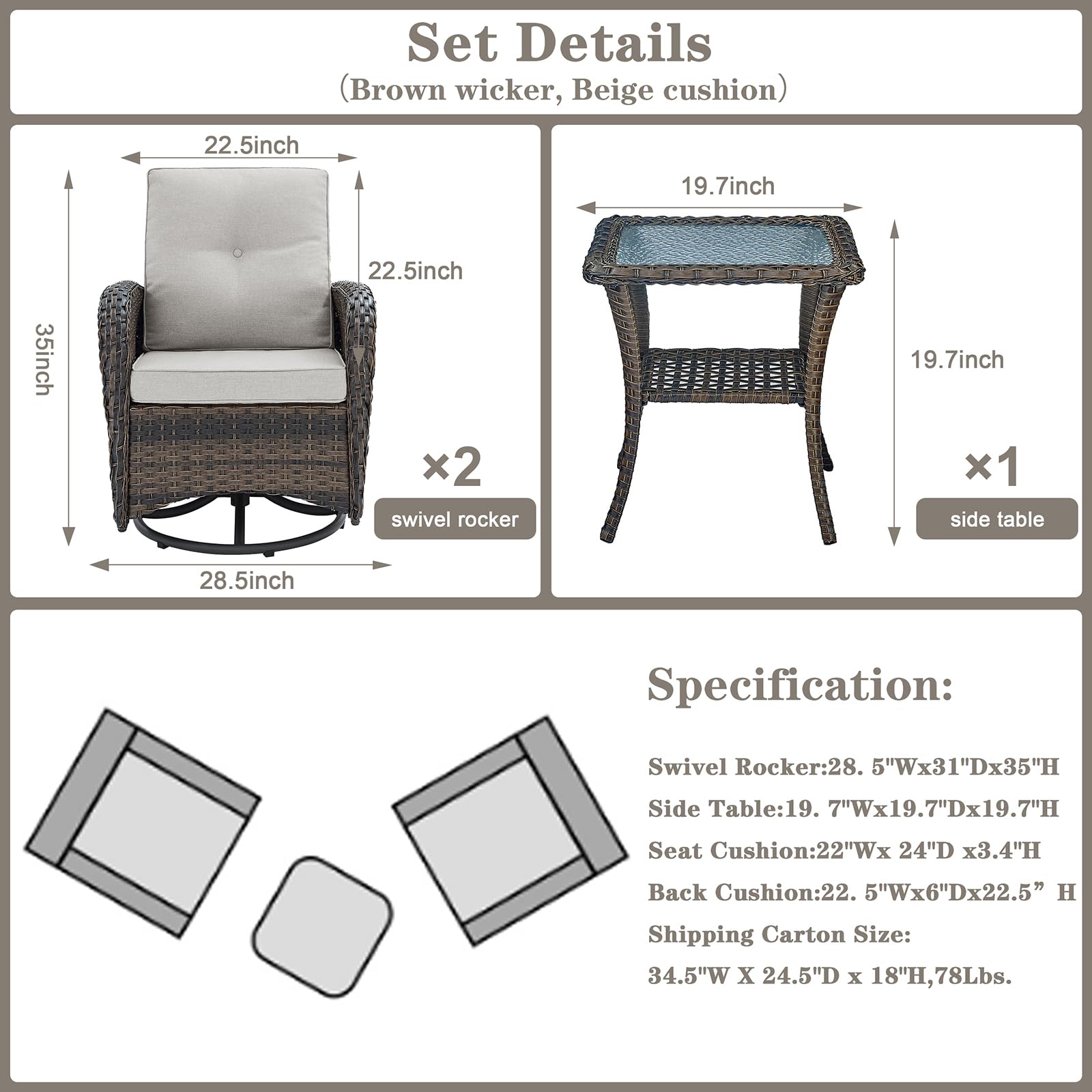 Outdoor Wicker Swivel Rocking Chairs Set of 2 with Rattan Side Table - 3-Piece Patio Furniture Set for Deck, Porch, Poolside - Brown/Beige - Perfect for Relaxing, Entertaining & Outdoor Lounging