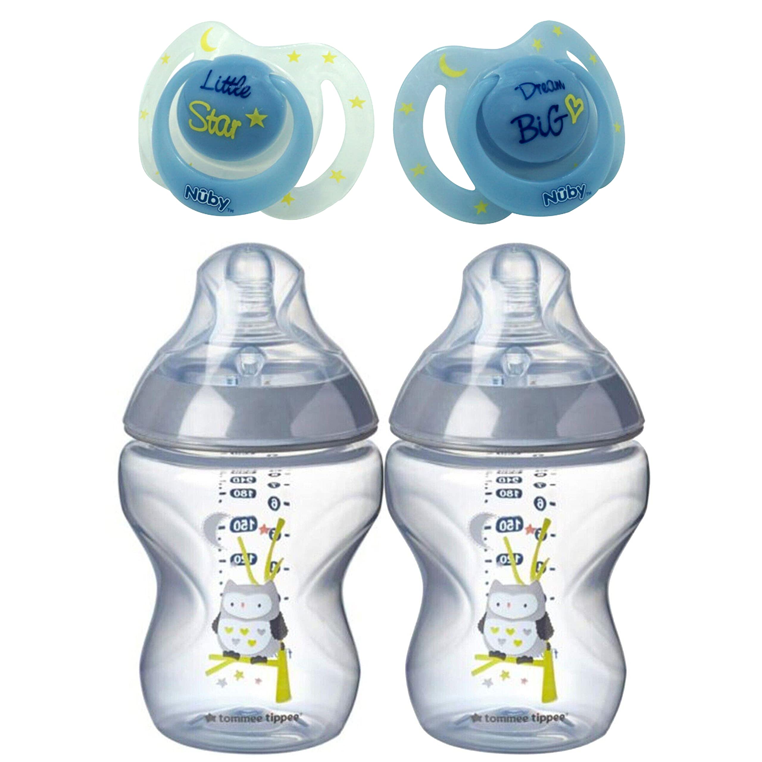 4-Piece Baby Bottle and Pacifier Set - 260ml Owl Design Bottles & Glow-in-the-Dark Soothers (Blue) | BPA-Free, Non-Toxic Feeding Essentials for Newborns 0-6 Months | Perfect for Night Feeding, Travel & Daily Use
