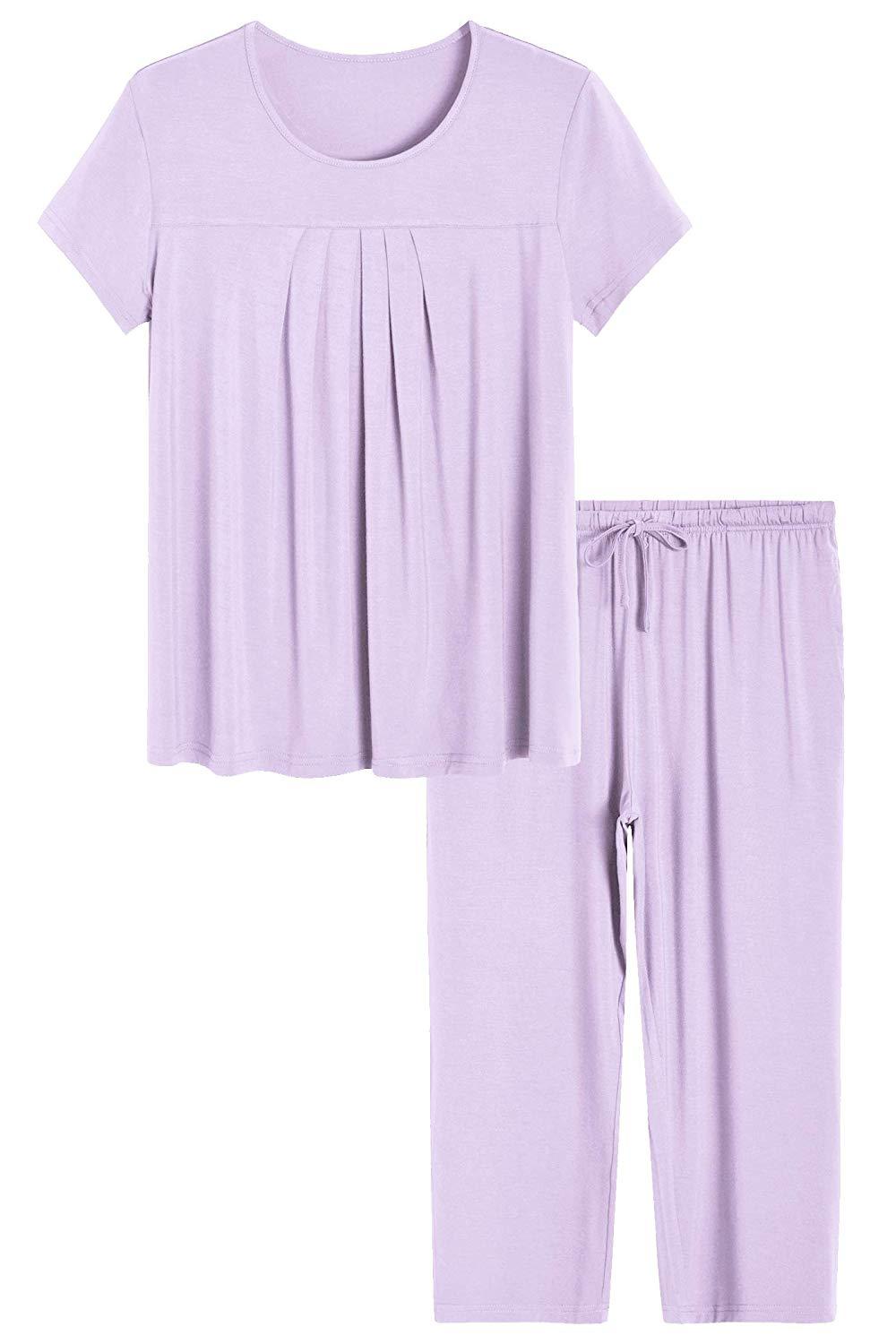 Soft & Breathable Women's Bamboo Pajama Set - Pleated Top & Capri Pants for Comfortable Sleep & Lounge Wear - Perfect for Nighttime Relaxation, Spa Days & Cozy Evenings at Home