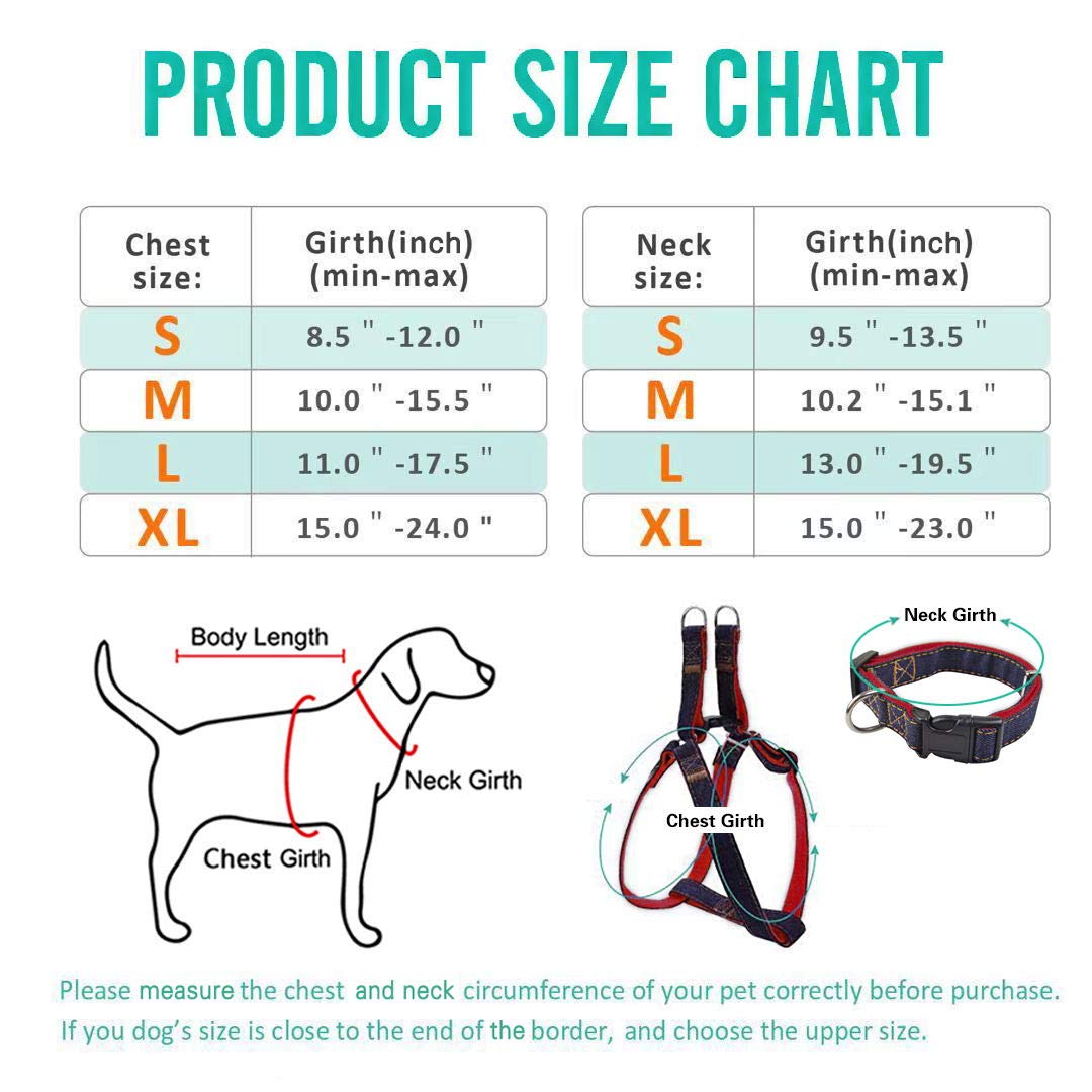 Premium Dog Harness, Leash & Collar Set - Heavy Duty Nylon with Denim Design for Small, Medium & Large Dogs - Perfect for Walking, Training & Outdoor Adventures (Red, Size M)