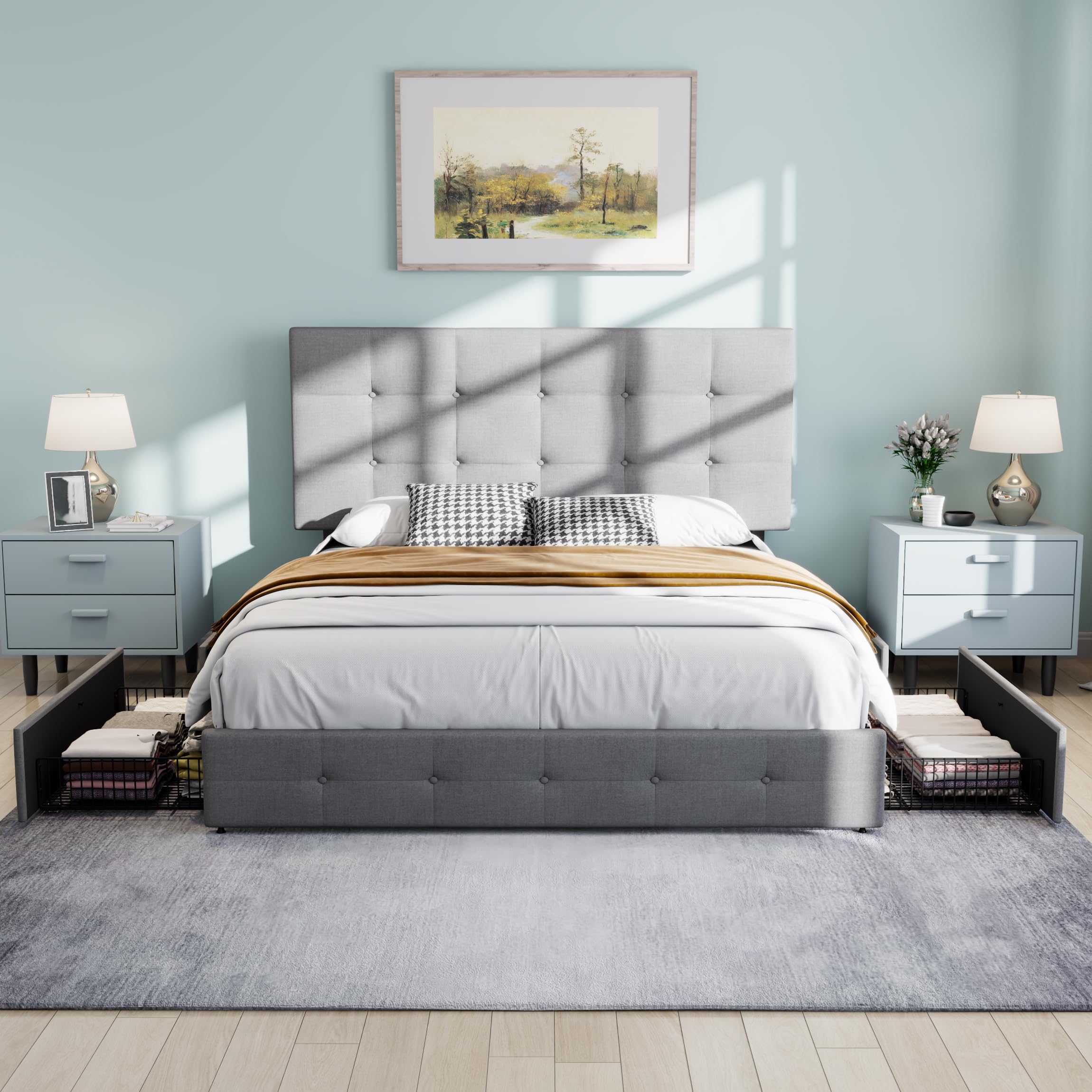 SHA CERLIN Upholstered Queen Size Storage Bed Frame with 4 Drawers - Adjustable Tufted Headboard, Wood Slat Support, No Box Spring Needed - Light Grey Fabric Platform Bed for Master Bedroom, Guest Room & Small Spaces