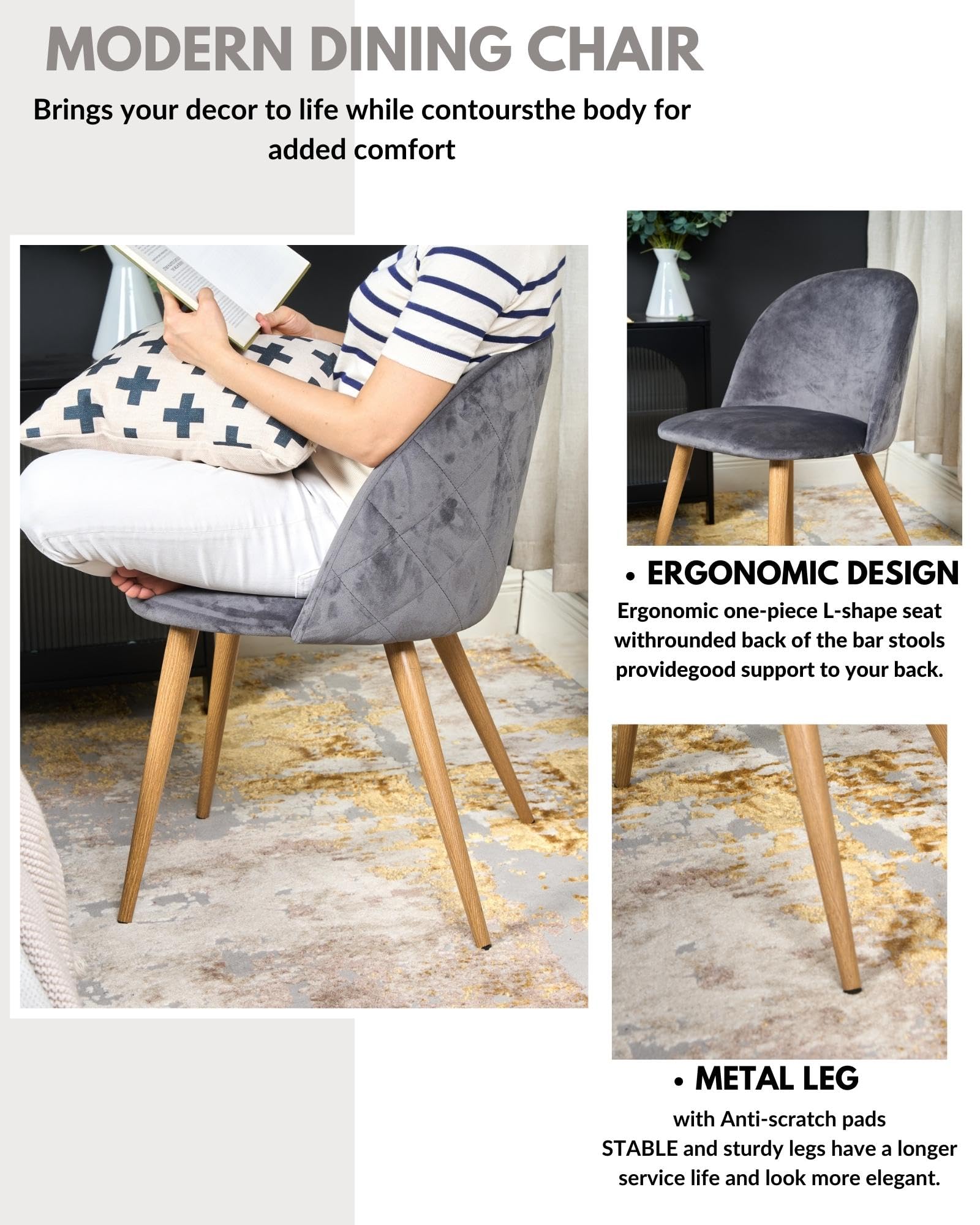 FurnitureR Velvet Dining Chairs Set of 2 - Modern Mid Century Kitchen & Living Room Accent Chairs with Metal Legs, Grey - Perfect for Dining Rooms, Breakfast Nooks & Home Decor (2PCS)