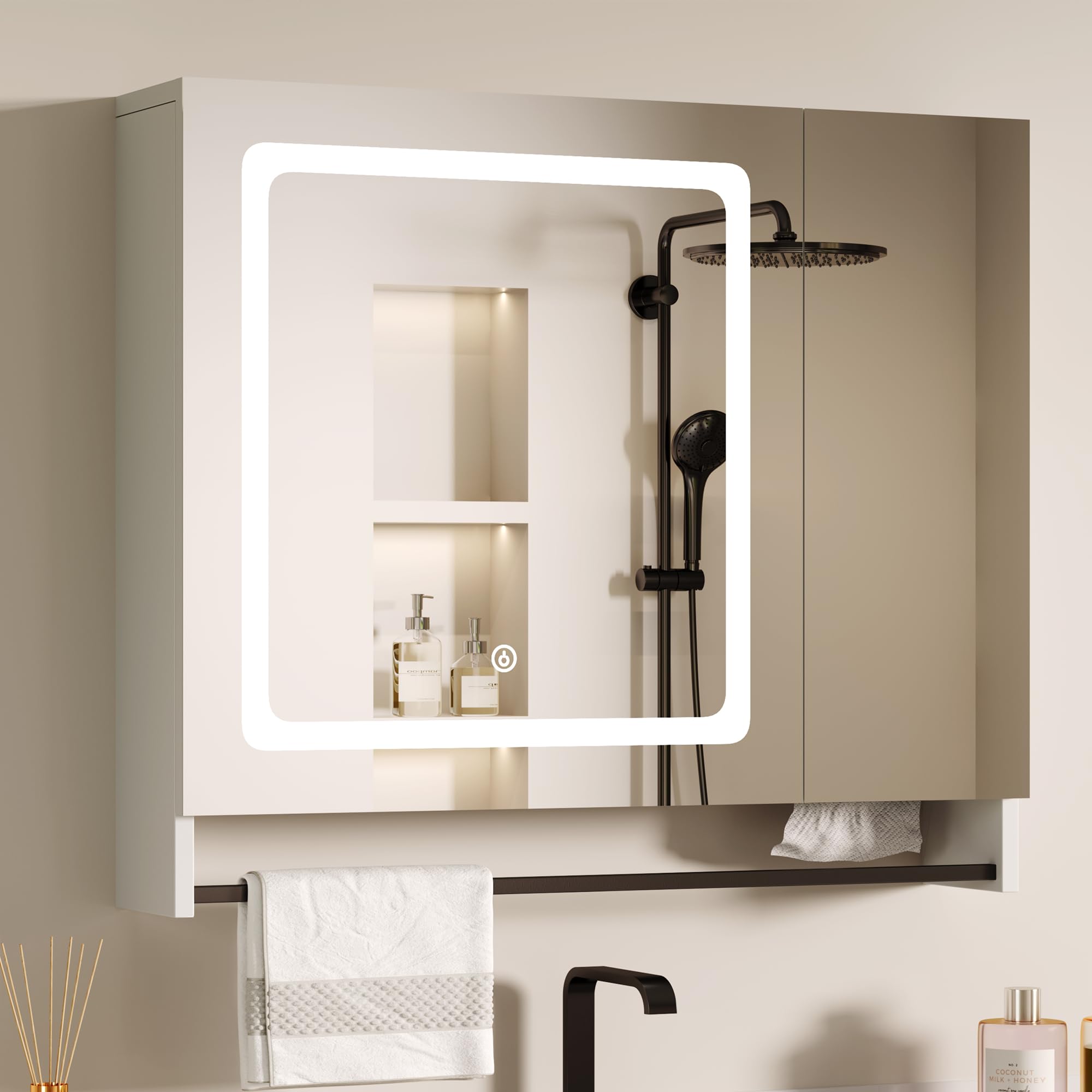 ChooChoo LED Medicine Cabinet with Mirror - Wall Mounted Bathroom Storage with Adjustable Shelves & Towel Bar - White Modern Vanity Cabinet for Bathroom Organization & Makeup Application
