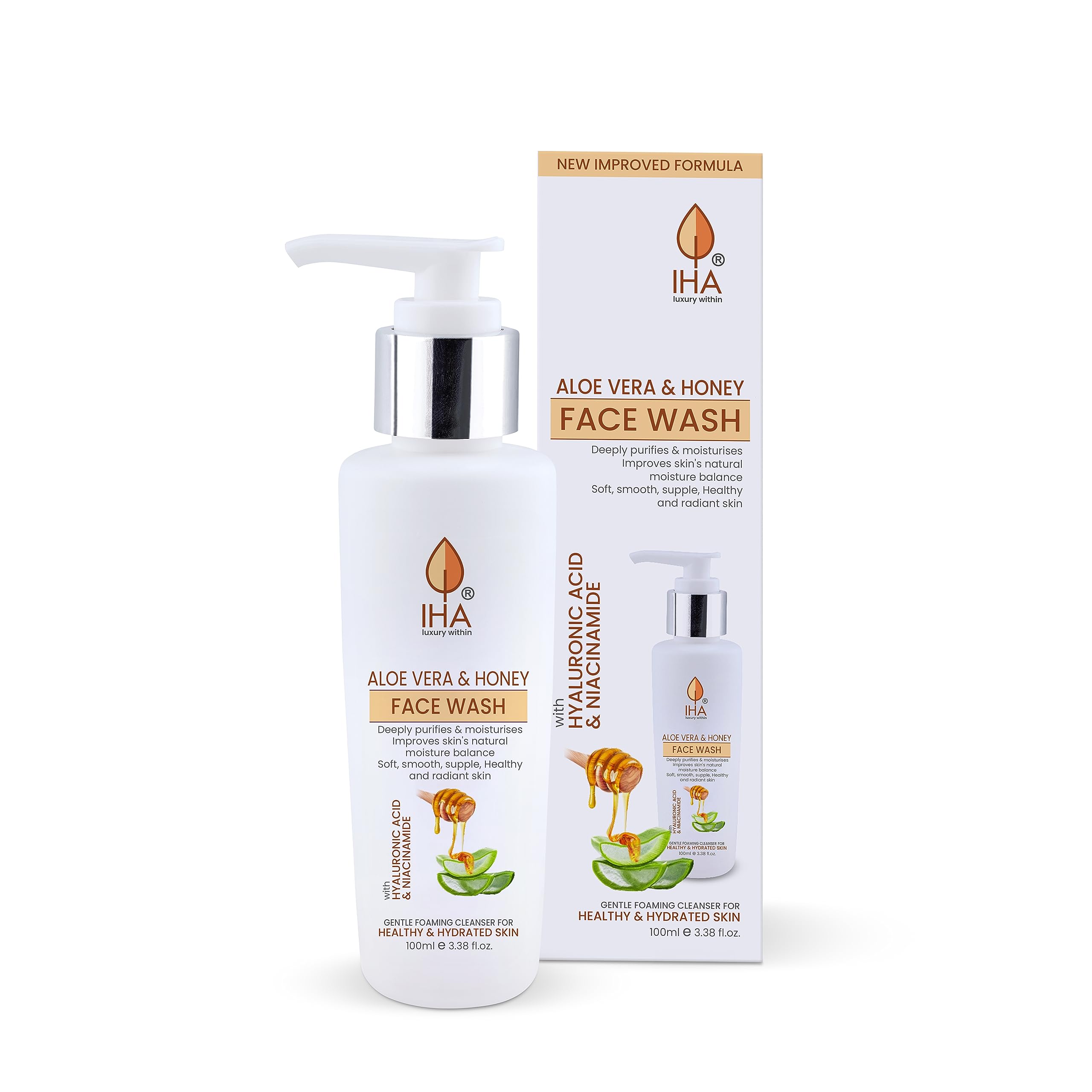 IHA Aloe Vera and Honey Herbal Face Wash - Moisturizing Facial Cleanser with Gotu Kola, Coconut & Cucumber for Hydration - Gentle Face Wash for Men & Women with Normal to Dry Skin (100ml) - Perfect for Daily Skincare Routine & Post-Workout Refreshment
