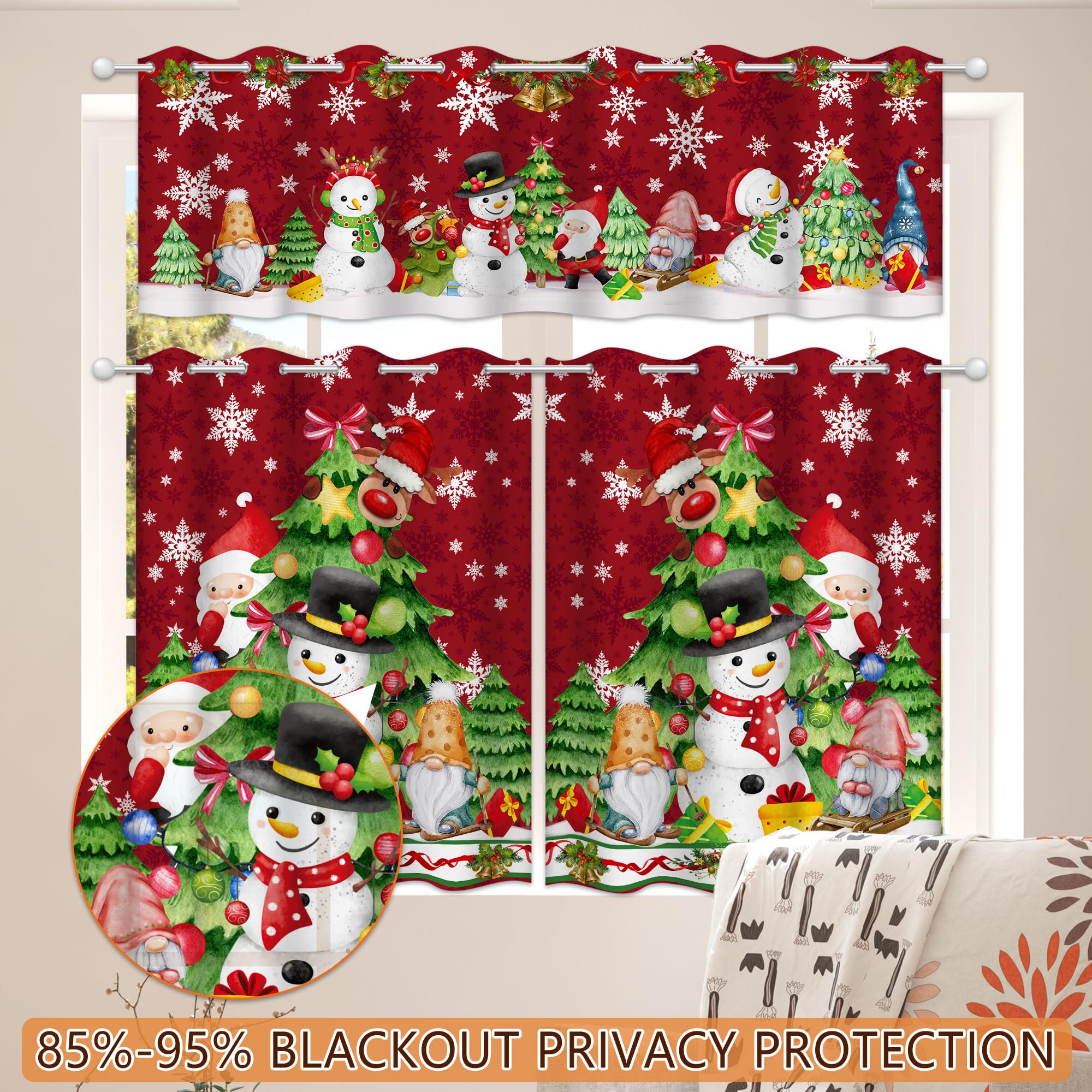 Christmas Kitchen Curtains Set of 3 - Festive Tree, Gnome & Snowflake Design with Valances, 36 Inch Short Window Curtains for Holiday Decor | Perfect for Winter Kitchen, Dining Room & Farmhouse Style Windows