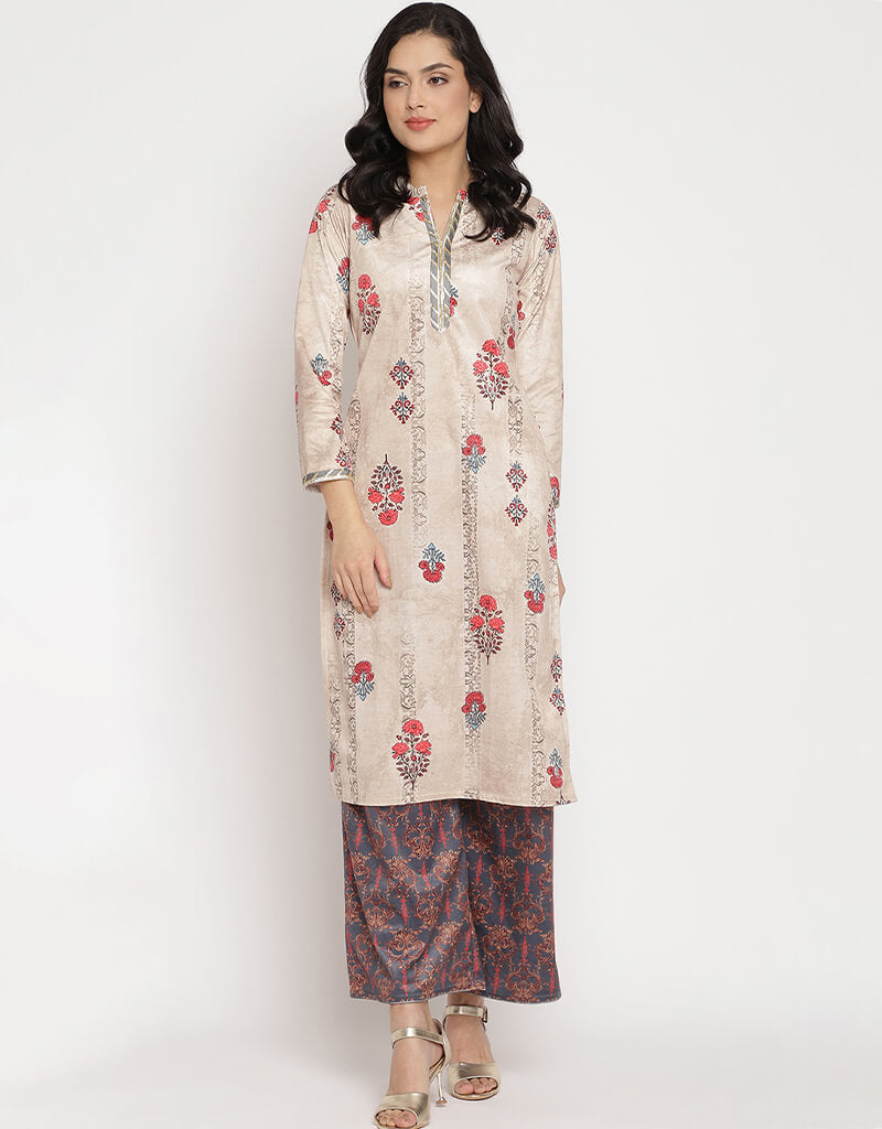 Beige Velvet Salwar Suit with Palazzo Pants - Elegant Indian Ethnic Outfit for Women | Perfect for Weddings, Parties & Festive Occasions