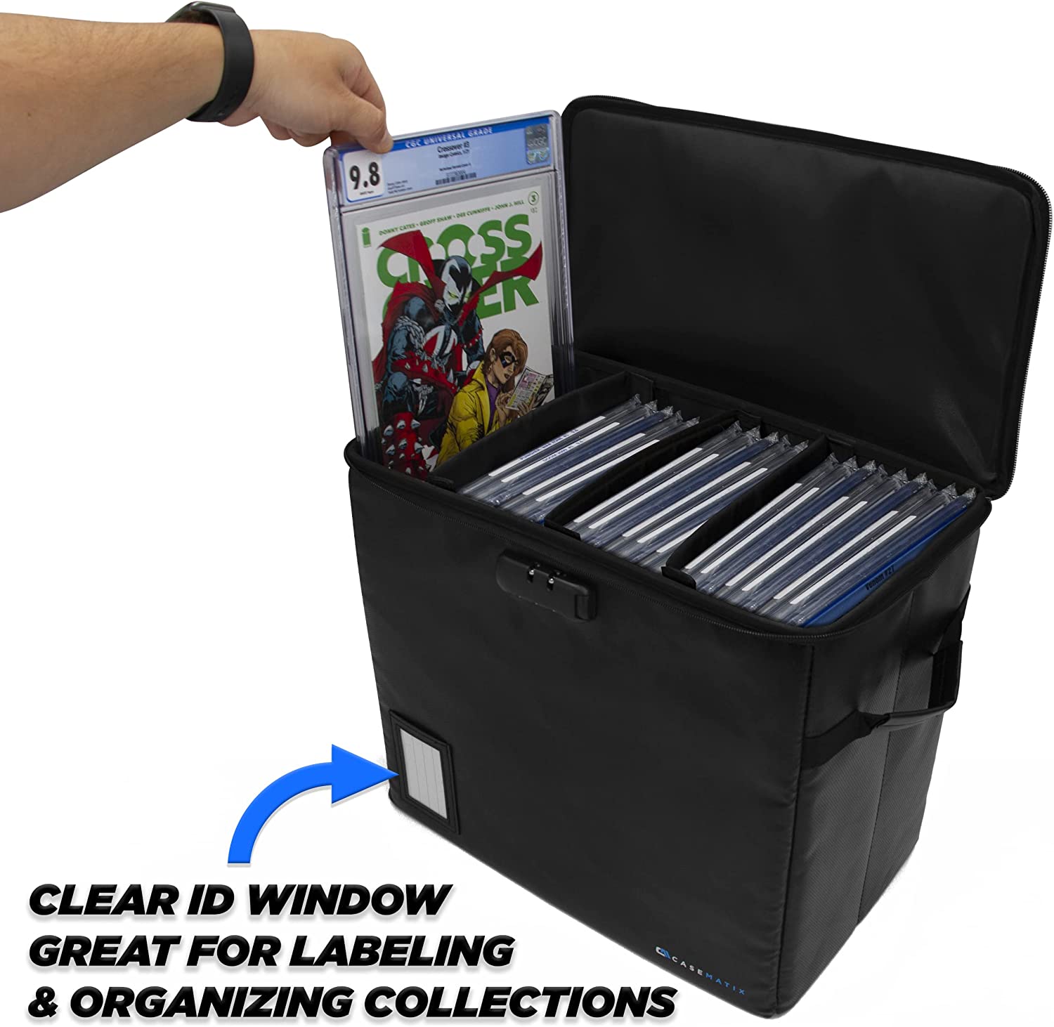 CASEMATIX Fireproof Comic Book Storage Box - Holds 30+ CGC Graded Comics with 3 Padded Dividers & Lock - Secure Display & Protection for Collectible Comics at Home or Comic Conventions